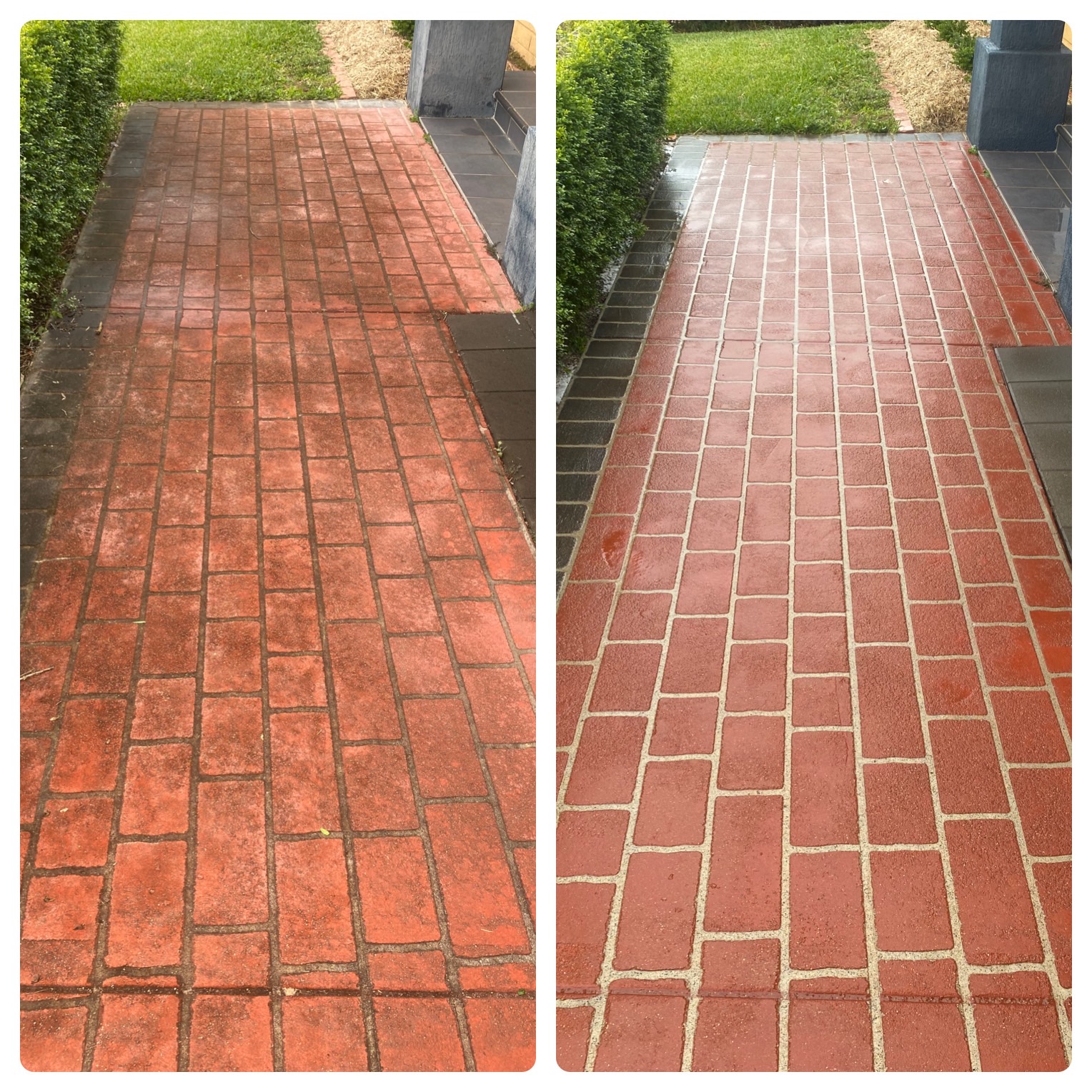Side-by-side comparison of a brick walkway, highlighting the dramatic results of Pressure Cleaning—Before on the left with dirt and grime, After on the right with a clean, bright surface.