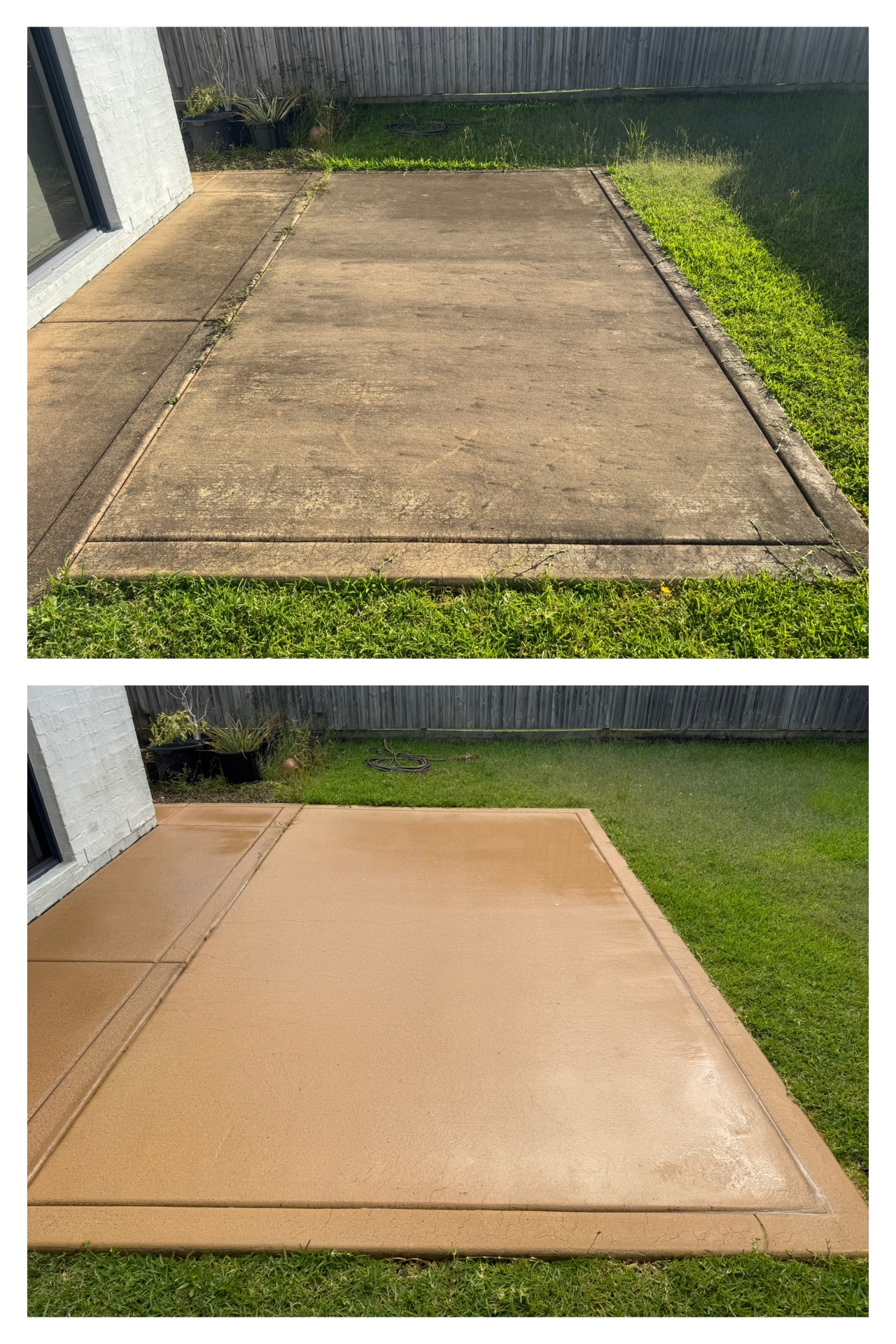 Two side-by-side images show a concrete patio before and after pressure cleaning; the top is dirty and stained, while the bottom looks spotless and freshly washed.