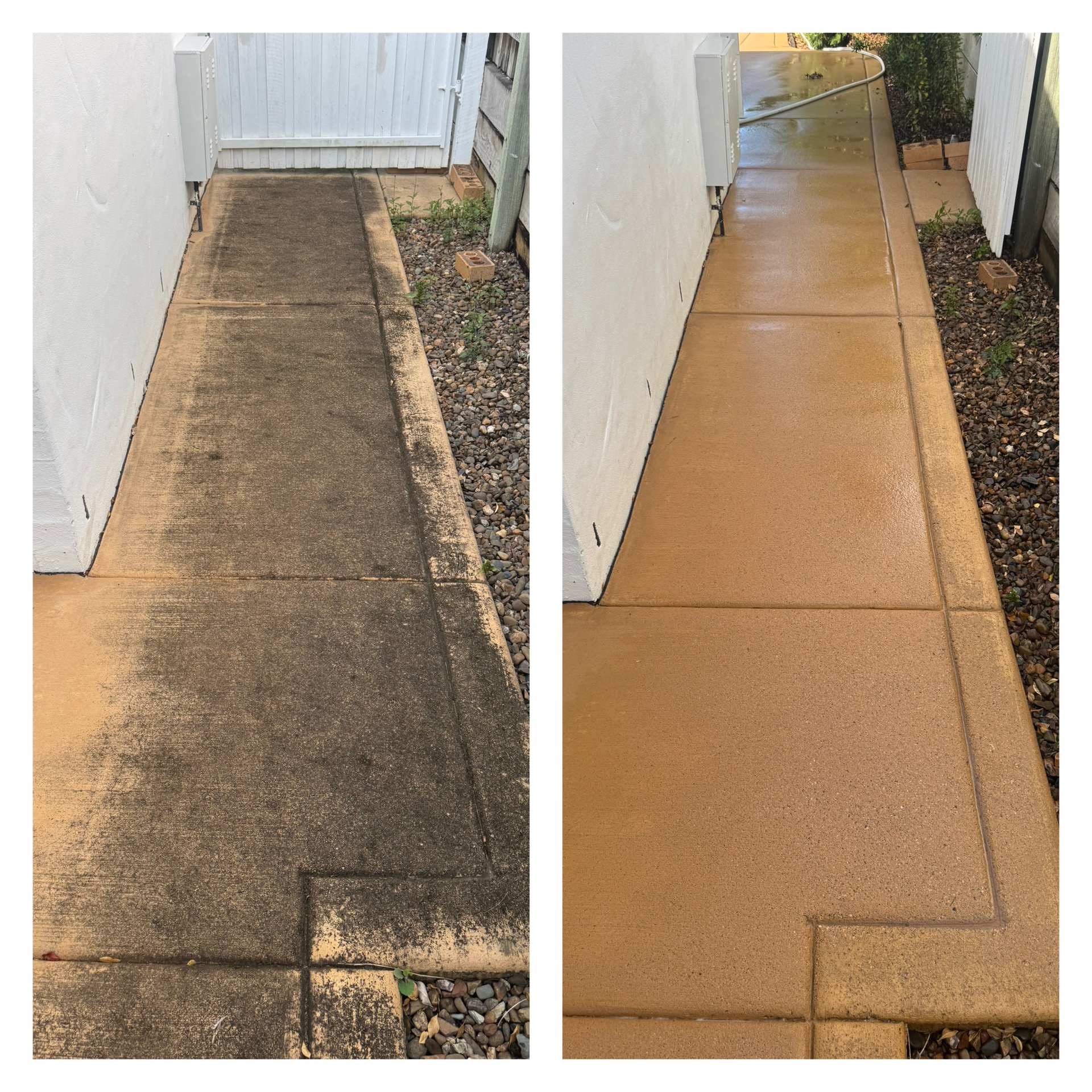Side-by-side comparison of a concrete walkway before and after cleaning; the left side is dirty and stained, while the right side appears clean and freshly washed.