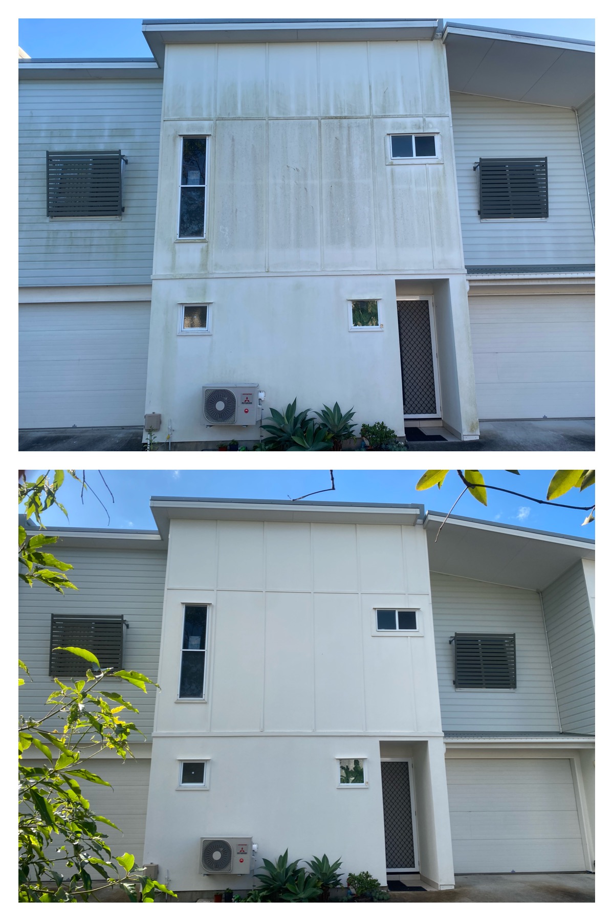 Two side-by-side photos of a house: the top shows stained, dirty exterior walls; the bottom displays impressive house washing before and after results with freshly cleaned, white walls.