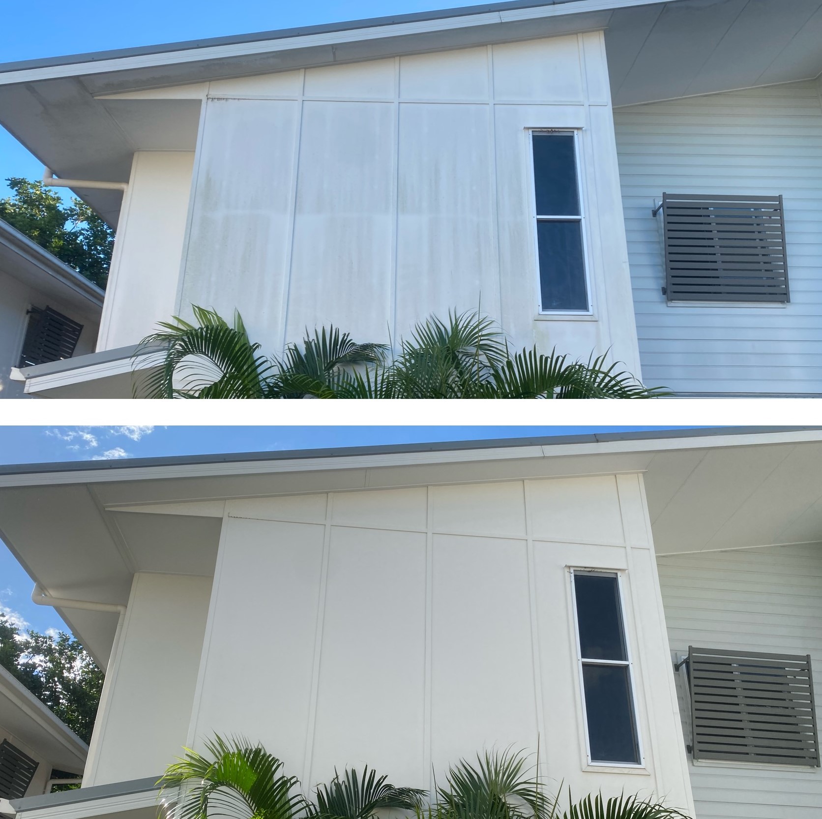 House washing Before and After: Two photos show the exterior wall of a house top image reveals dirt and stains, while the bottom image displays a spotless, freshly cleaned surface.