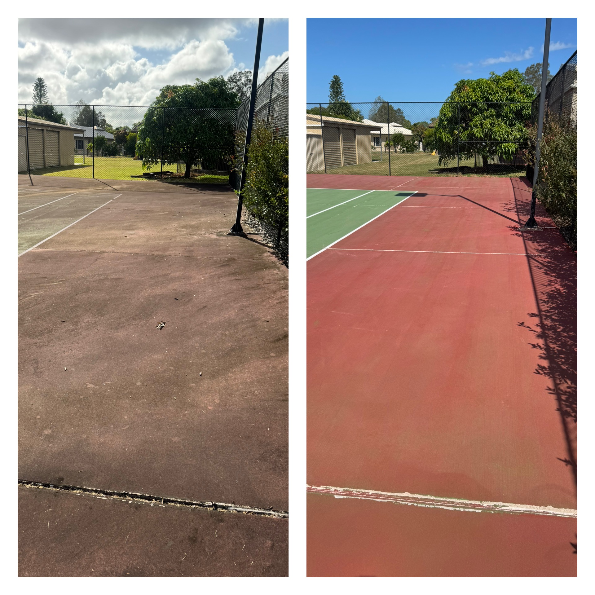 Side-by-side comparison of a tennis court surface before and after pressure cleaning and resurfacing; left side shows a worn, faded court, while the right side displays a vibrant, newly renovated red court.
