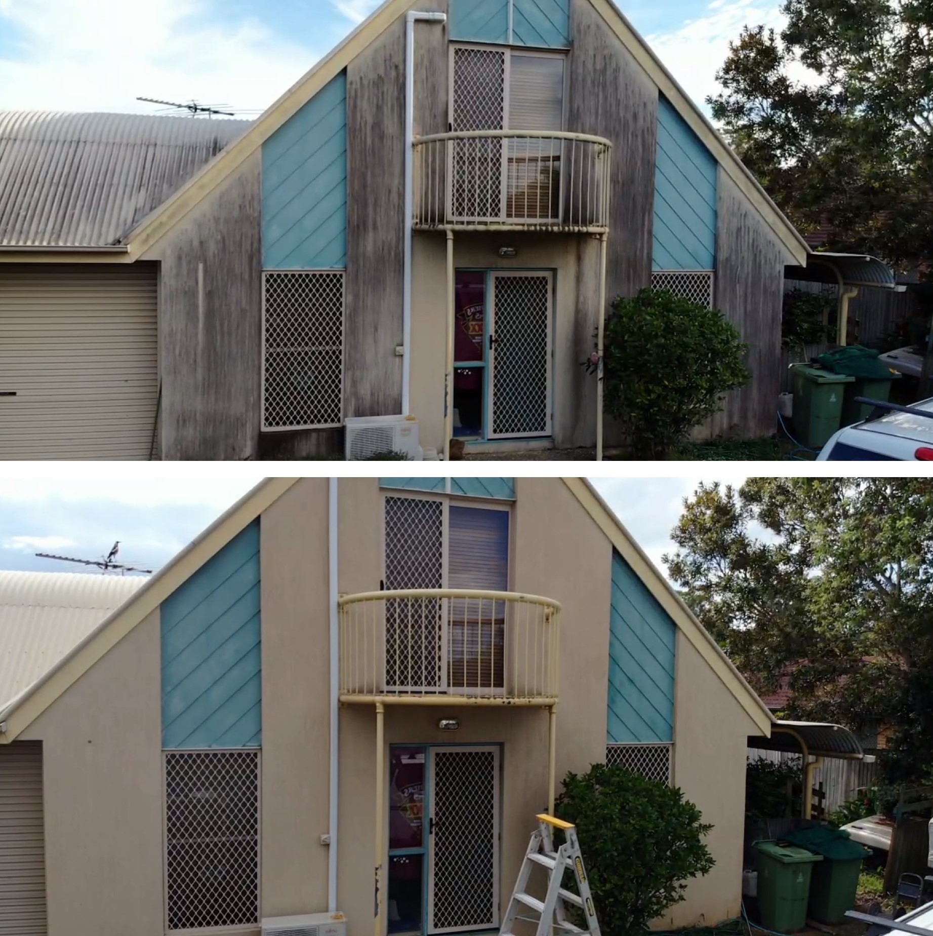 Before and after photos of a house exterior showing dirt-stained walls cleaned to spotless with House Washing Sunshine Coast.