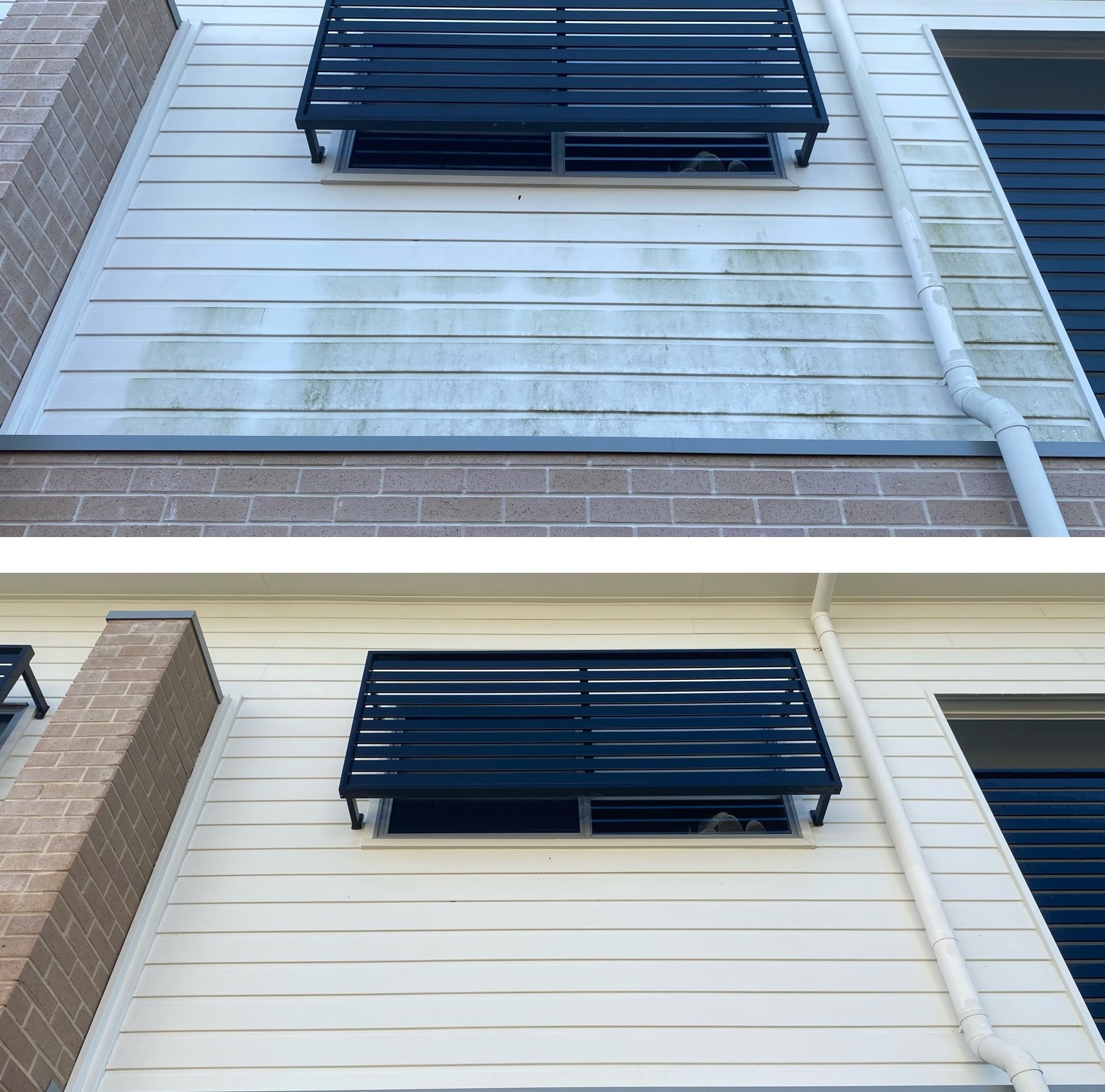 Before and after images of a Caboolture home showing stains removed and a spotless exterior after professional House Washing.