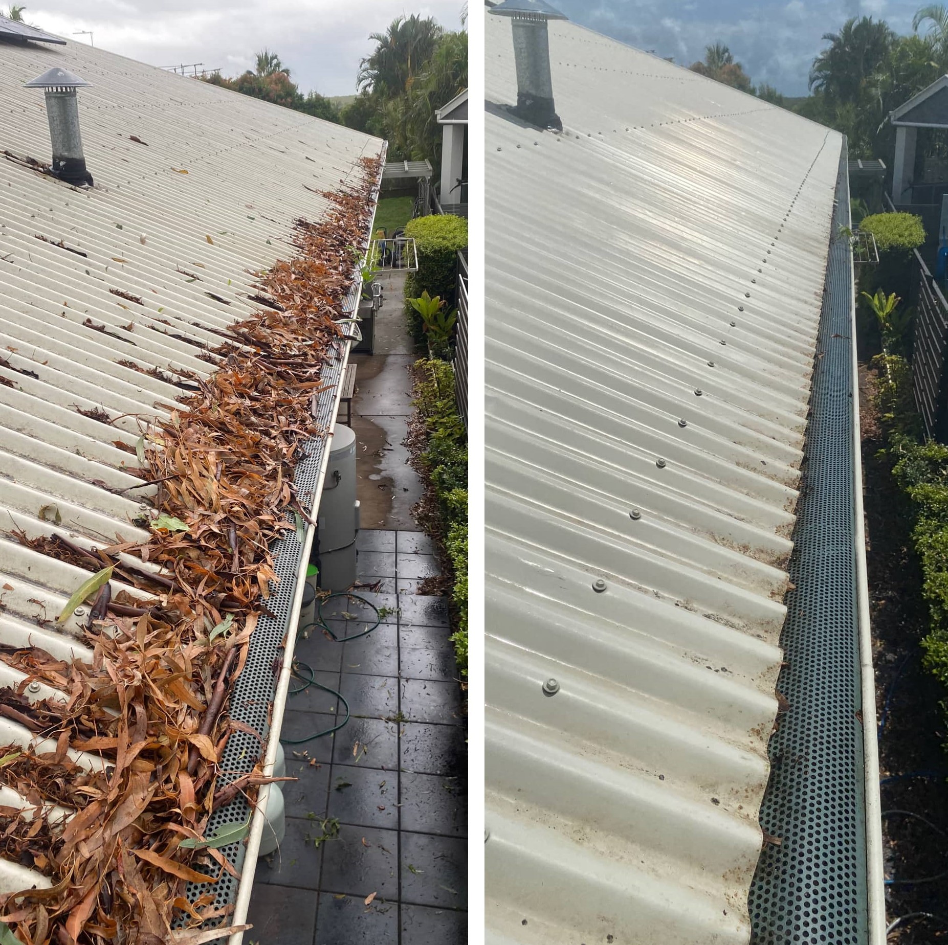Before and after images of a Caboolture roof gutter showing brown leaves removed and a spotless result after Gutter Cleaning.