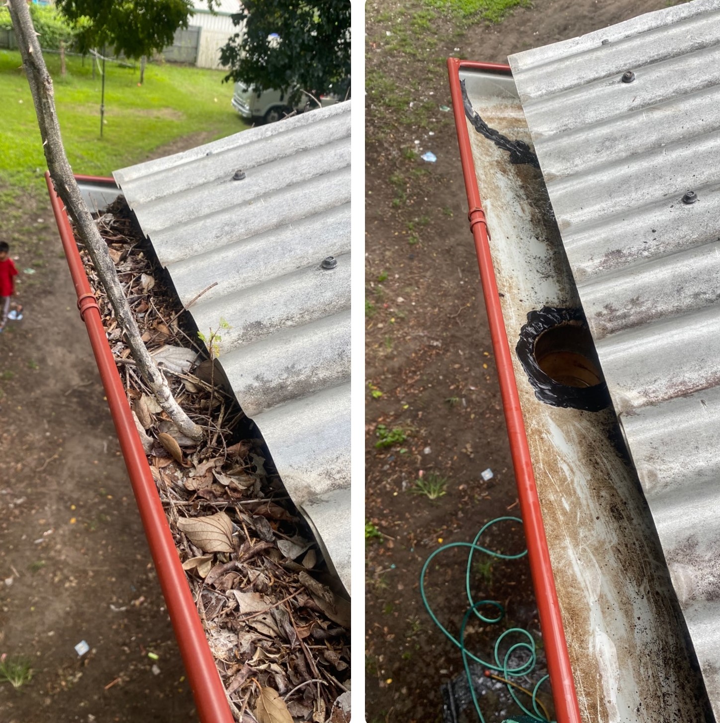 Side-by-side roof gutter images showing before and after Gutter Cleaning, with dry leaves removed from a Caboolture home.
