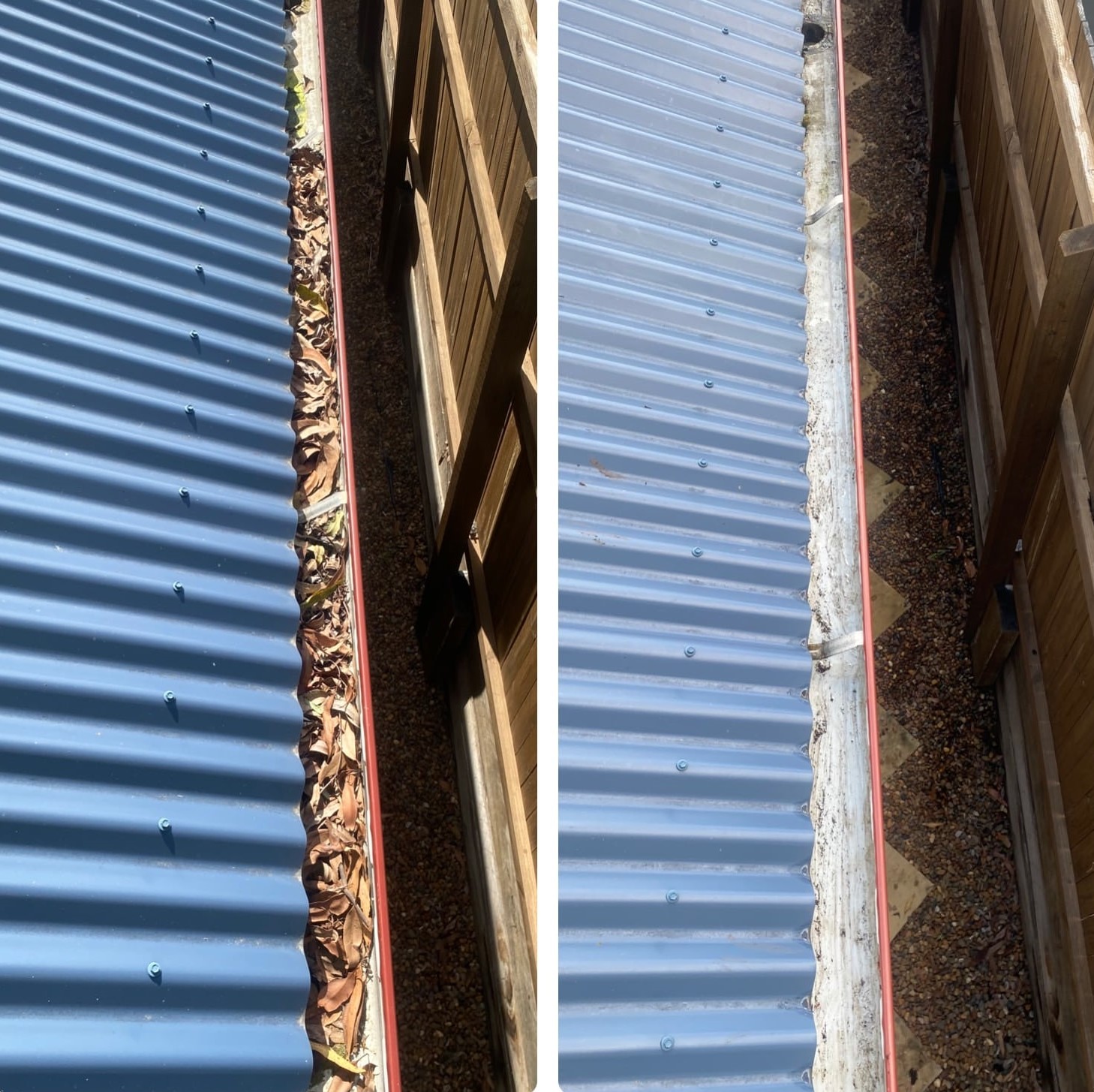 Before and after Gutter Cleaning in Brisbane showing a corrugated roof gutter cleared of dry leaves and debris.