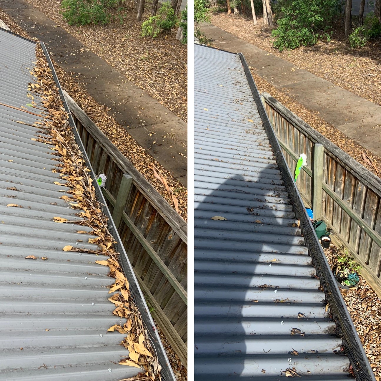 Metal roof gutter in Brisbane before & after professional gutter cleaning, showing dry leaves removed and a spotless finish