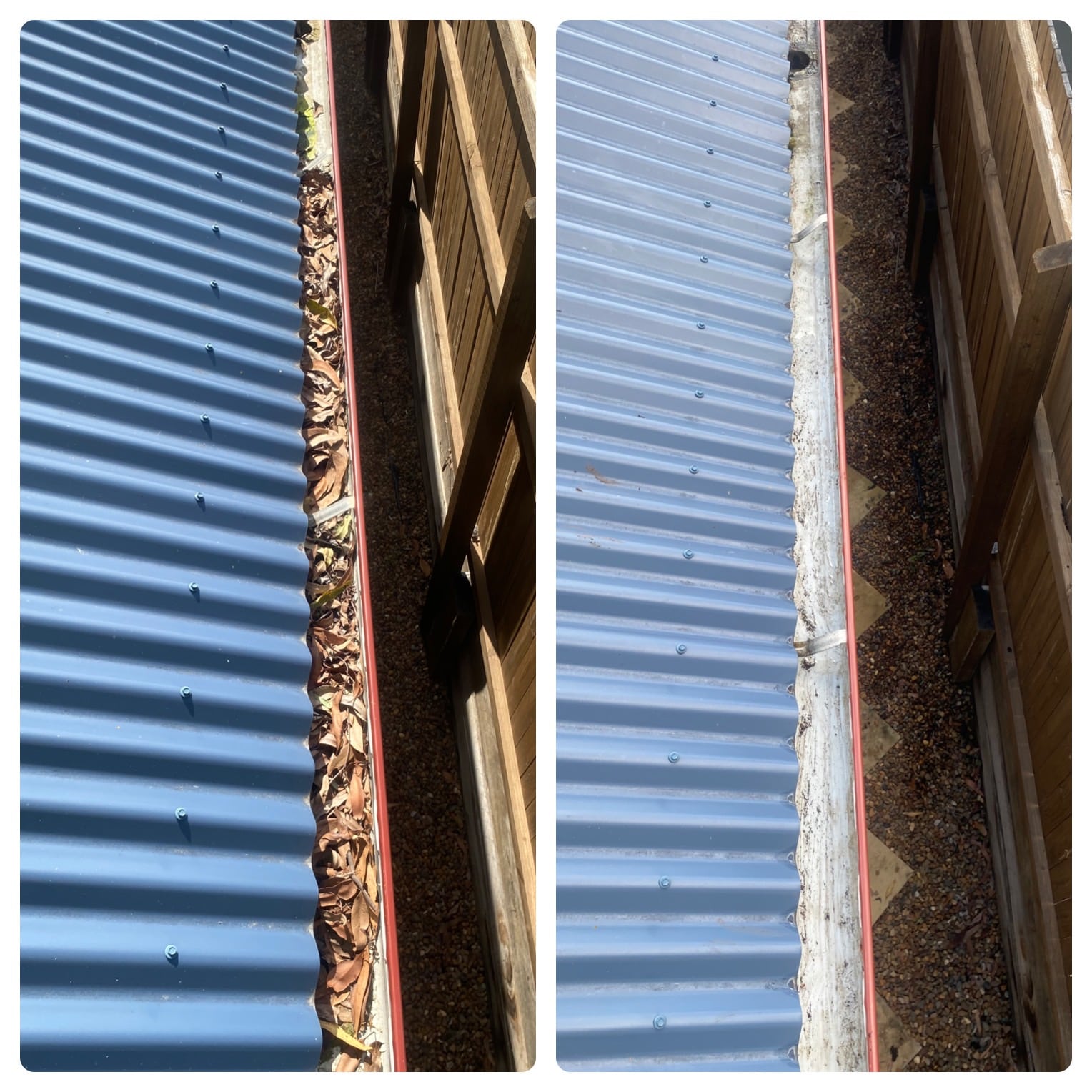 Corrugated roof gutter in two images: left filled with dried leaves, right spotless after expert Gutter Cleaning Sunshine Coast.