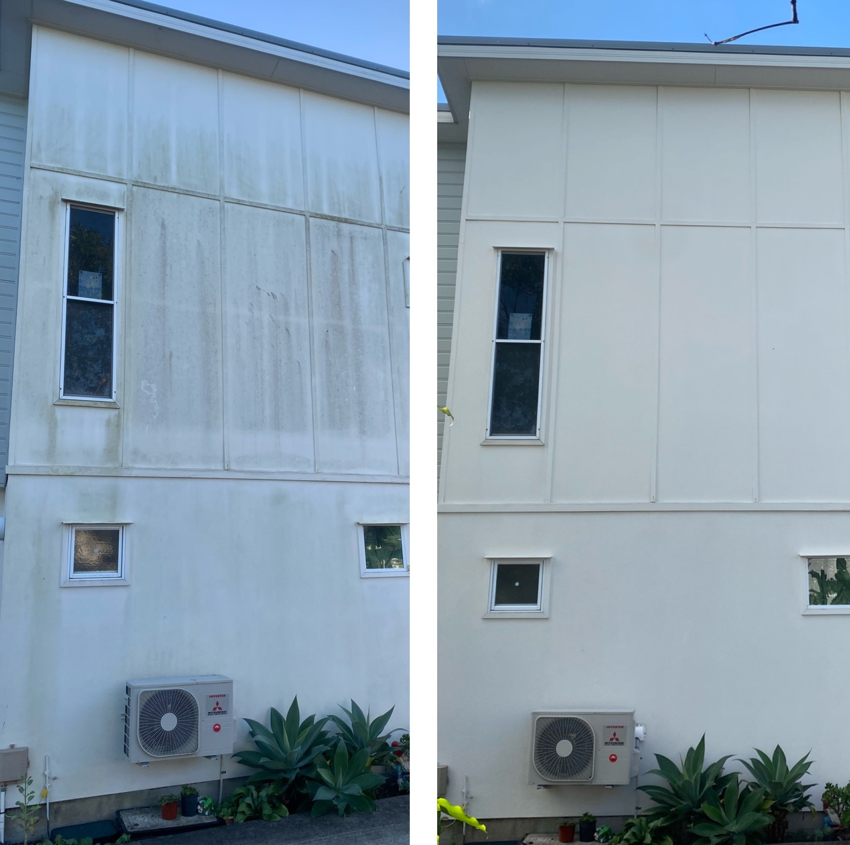 Side-by-side comparison of a house exterior in Caboolture before and after house washing from stained to being clean and white.