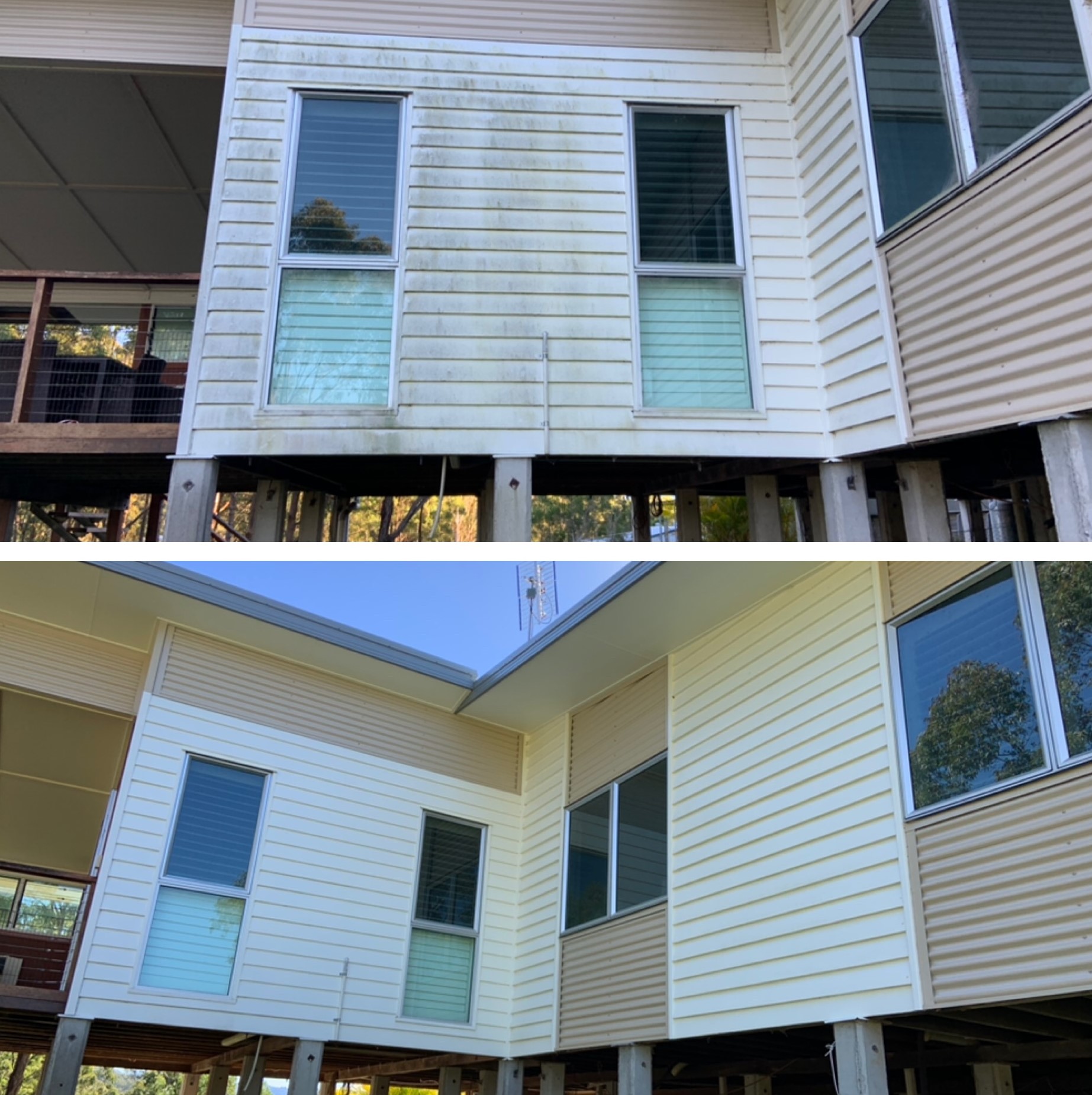 Two side-by-side images show a house exterior: the top is stained and dirty, while the bottom appears clean and freshly washed after professional House Washing Caboolture services.