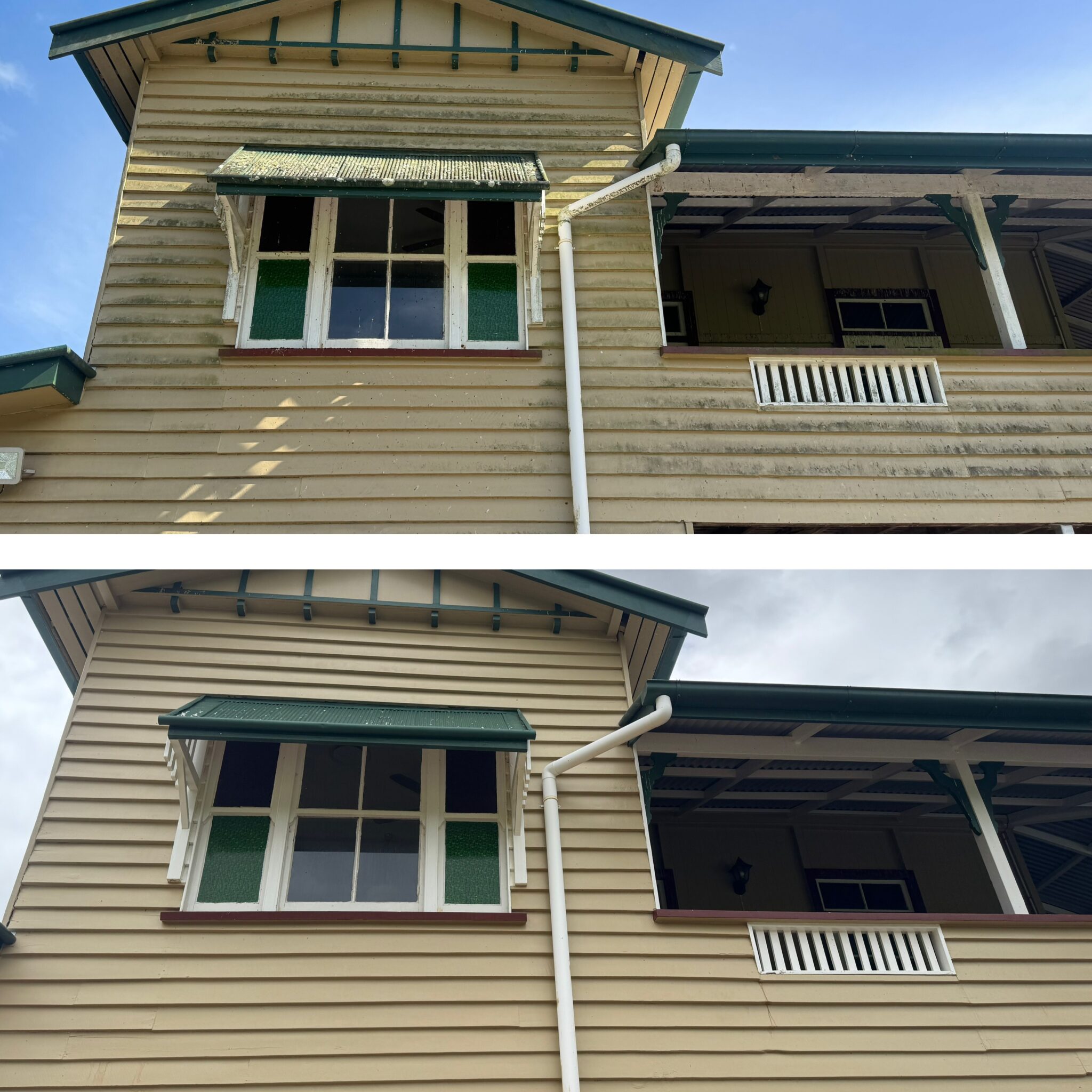 Before and after photos of a Caboolture home showing dirty siding transformed by professional House Washing into spotless walls