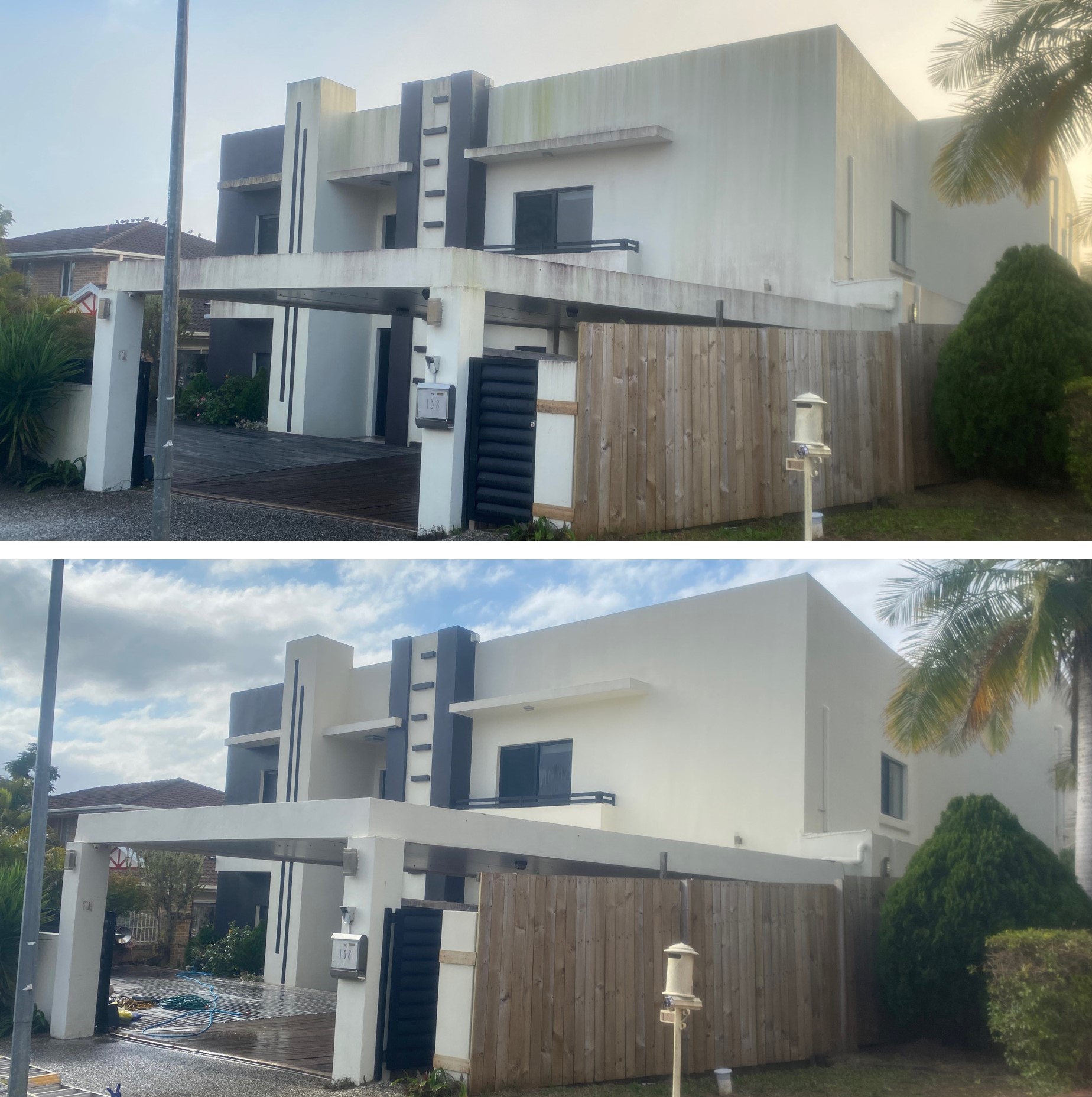 Before and after images of a modern Caboolture house showing dirt removed with professional House Washing for a spotless facade