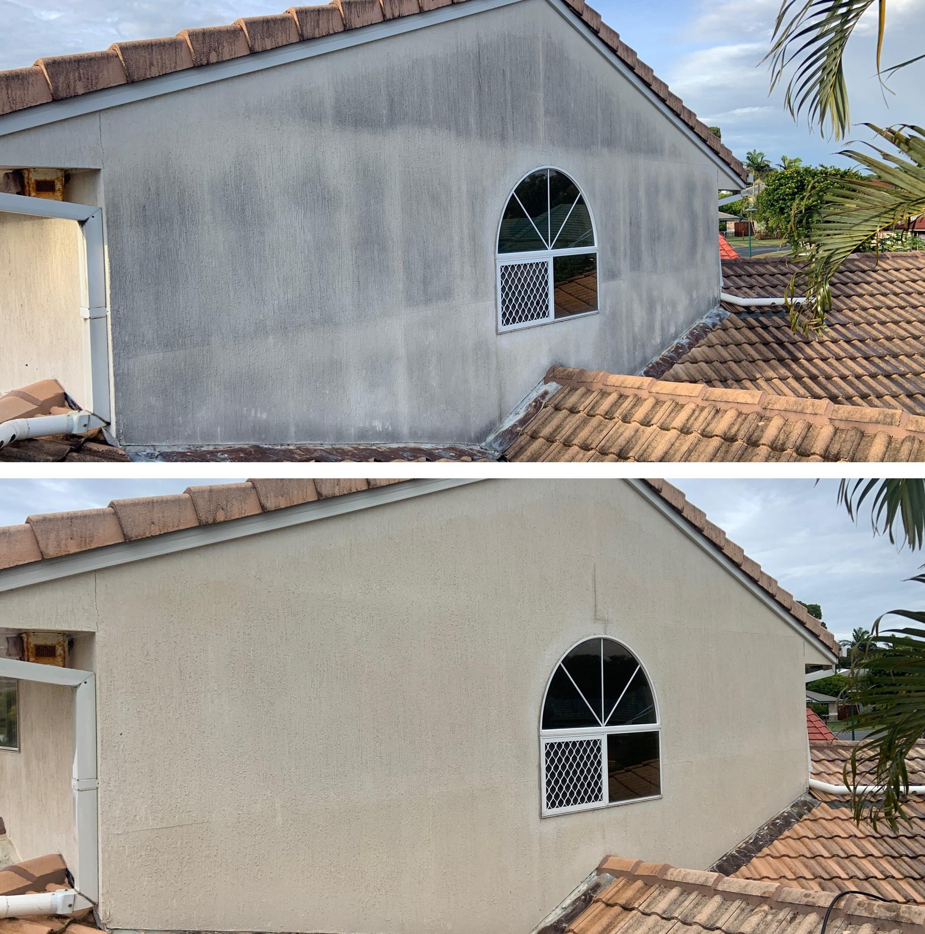 Before and after photos of a home exterior showing stained walls cleaned to spotless results with House Washing Moreton Bay.