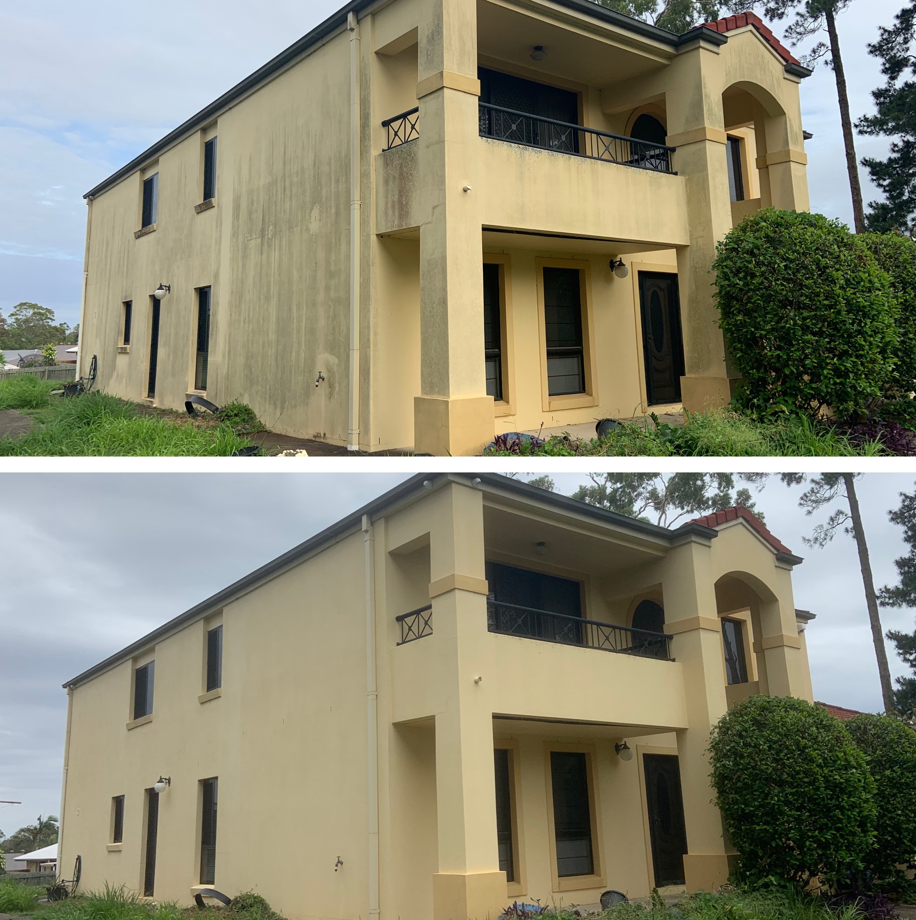 Side-by-side images of a two-story house showing dirty walls before and spotless results after House Washing Moreton Bay.