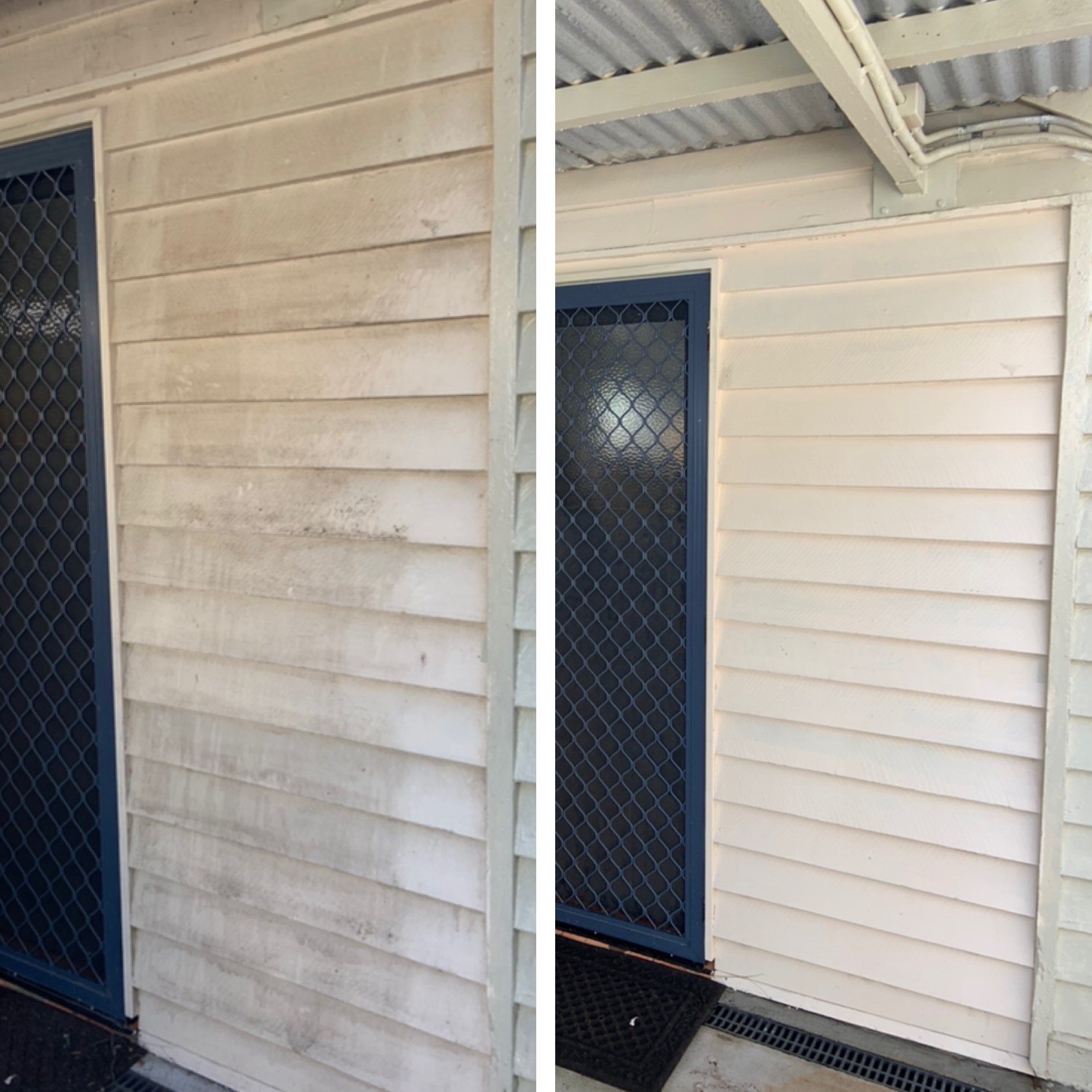 Side-by-side images of an exterior wall before and after House Washing Sunshine Coast, showing dirty walls cleaned bright.