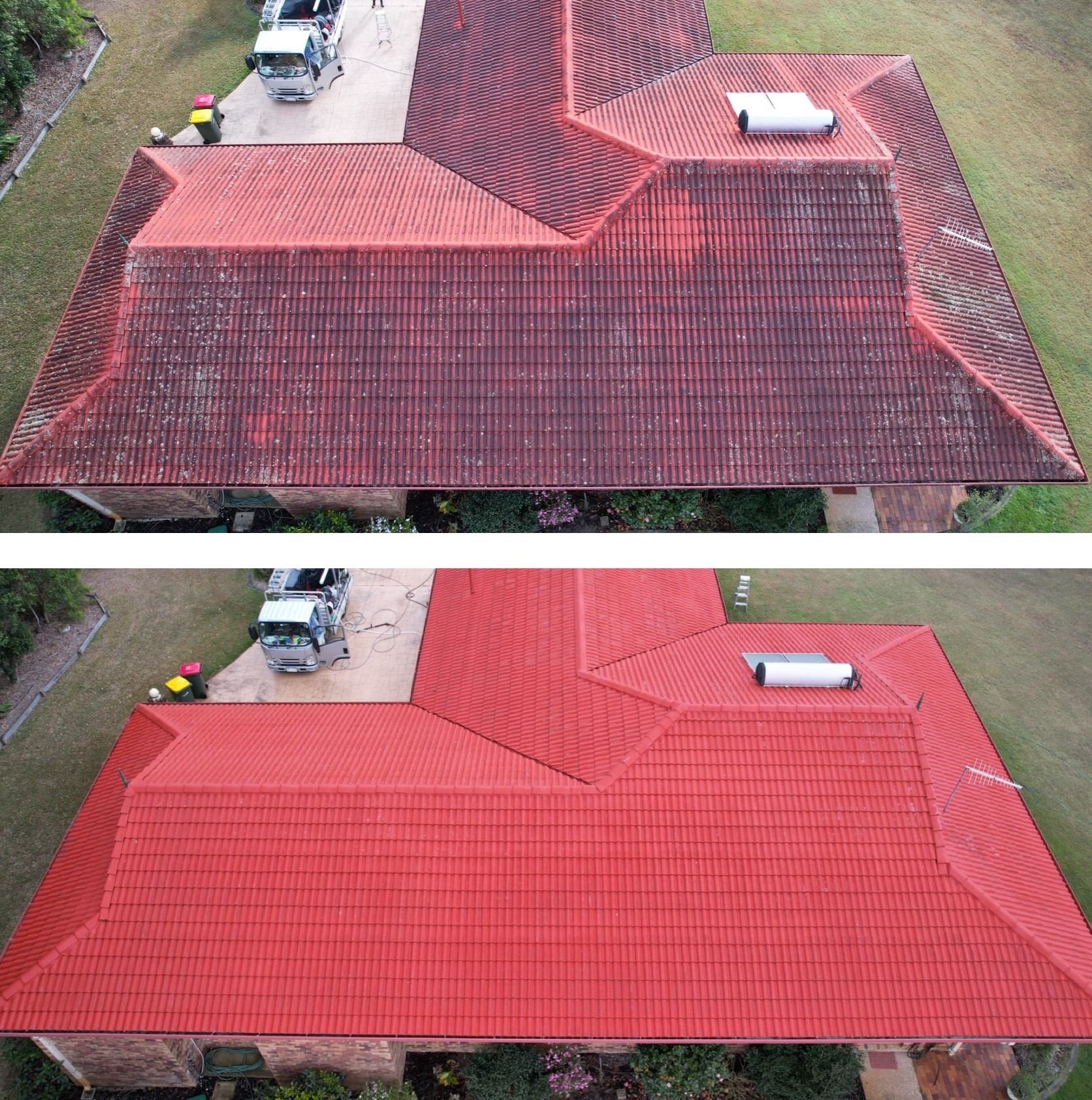 Aerial view of a house roof before and after Roof Cleaning; the top image displays a dirty roof, while the bottom reveals the same roof clean and bright red.