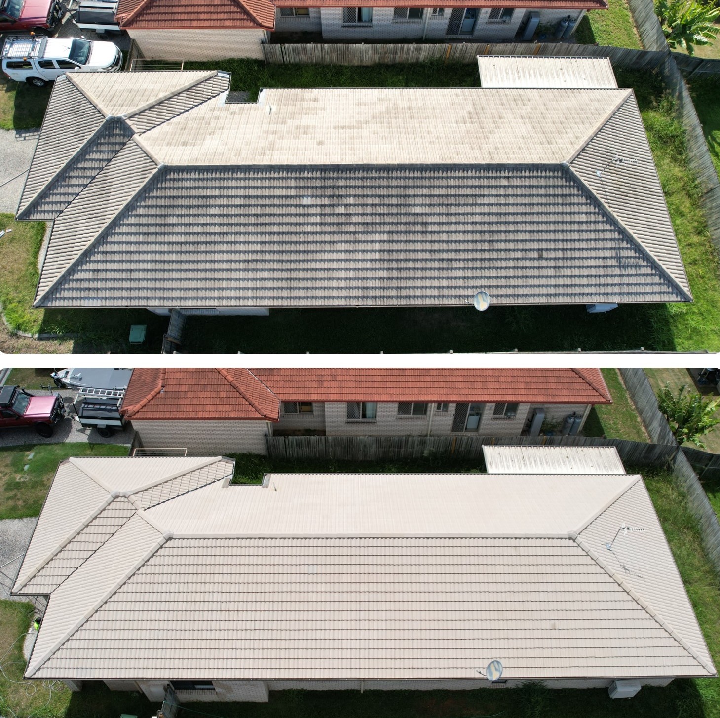 Aerial view of a house roof before and after Roof Cleaning, showing a dirty roof transformed into a bright, clean finish.