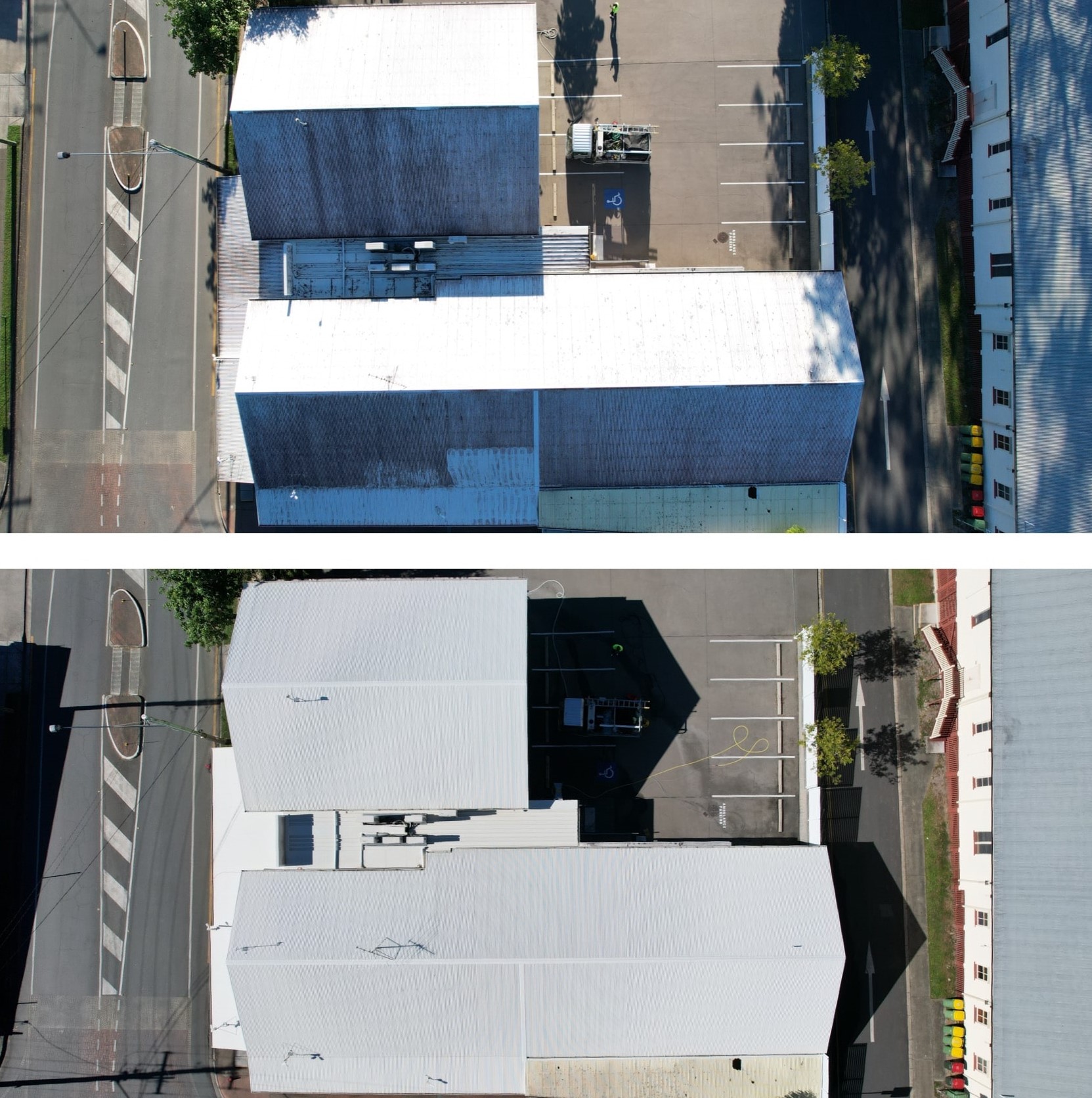 Two aerial photos of a white-roofed commercial building and adjacent parking lot in Brisbane, shown from directly overhead. The bottom roof appears cleaner and brighter, showcasing the impact of professional roof cleaning.