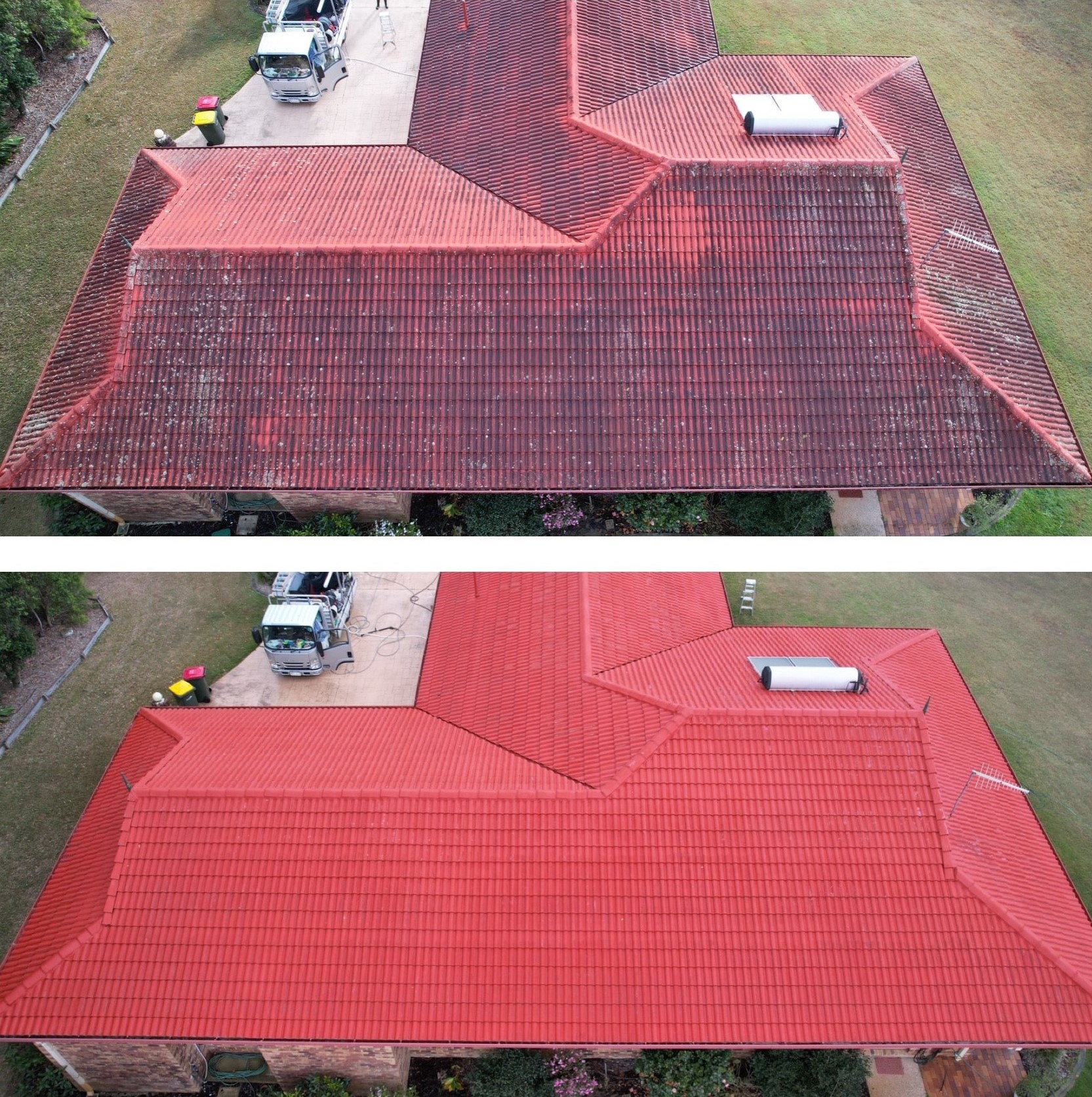 Aerial view: left, a dirty house roof; right, after Roof Cleaning Caboolture, the roof is spotless and bright red.