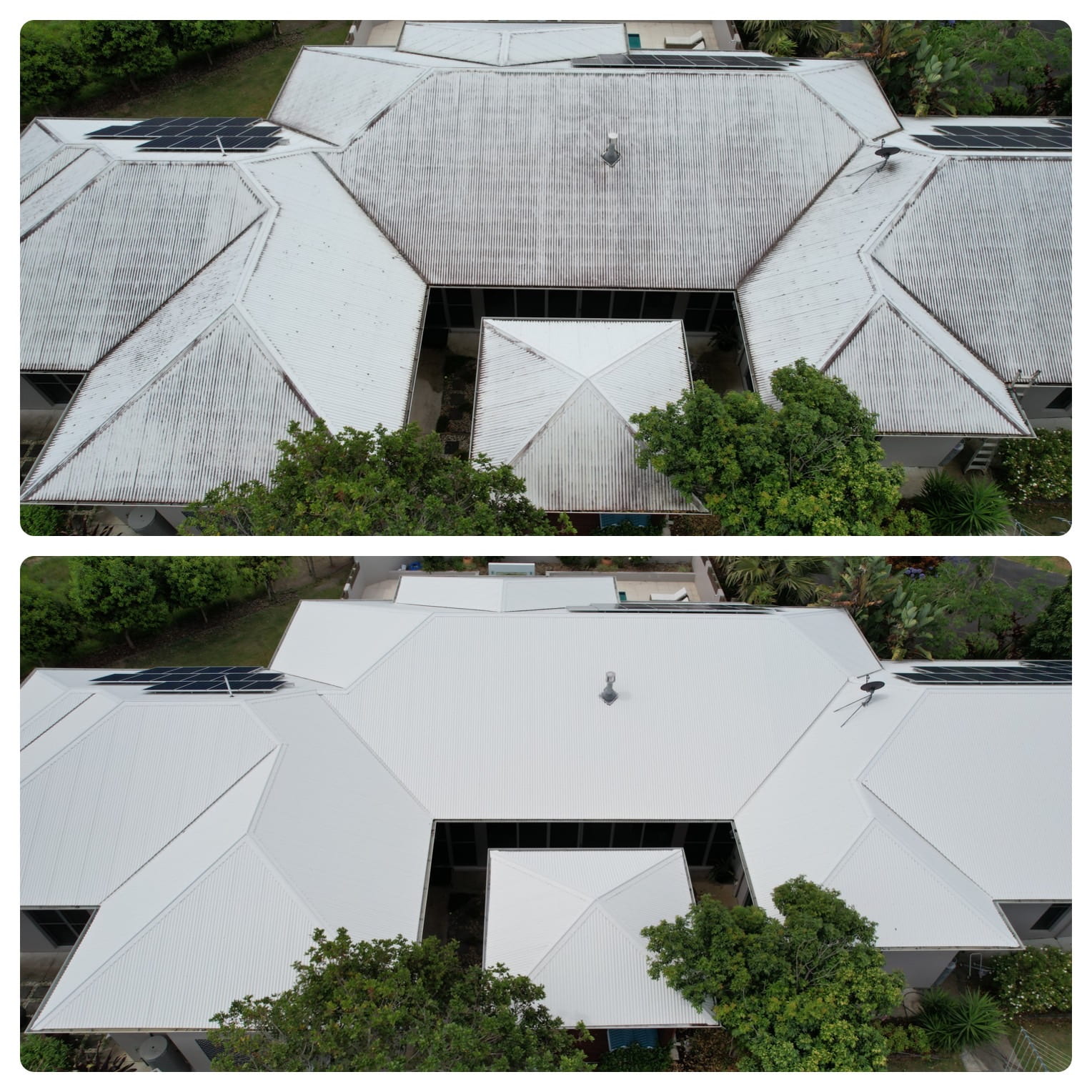 Aerial view of a house roof before and after Roof Cleaning Moreton Bay top image shows it dirty, bottom white and spotless clean.