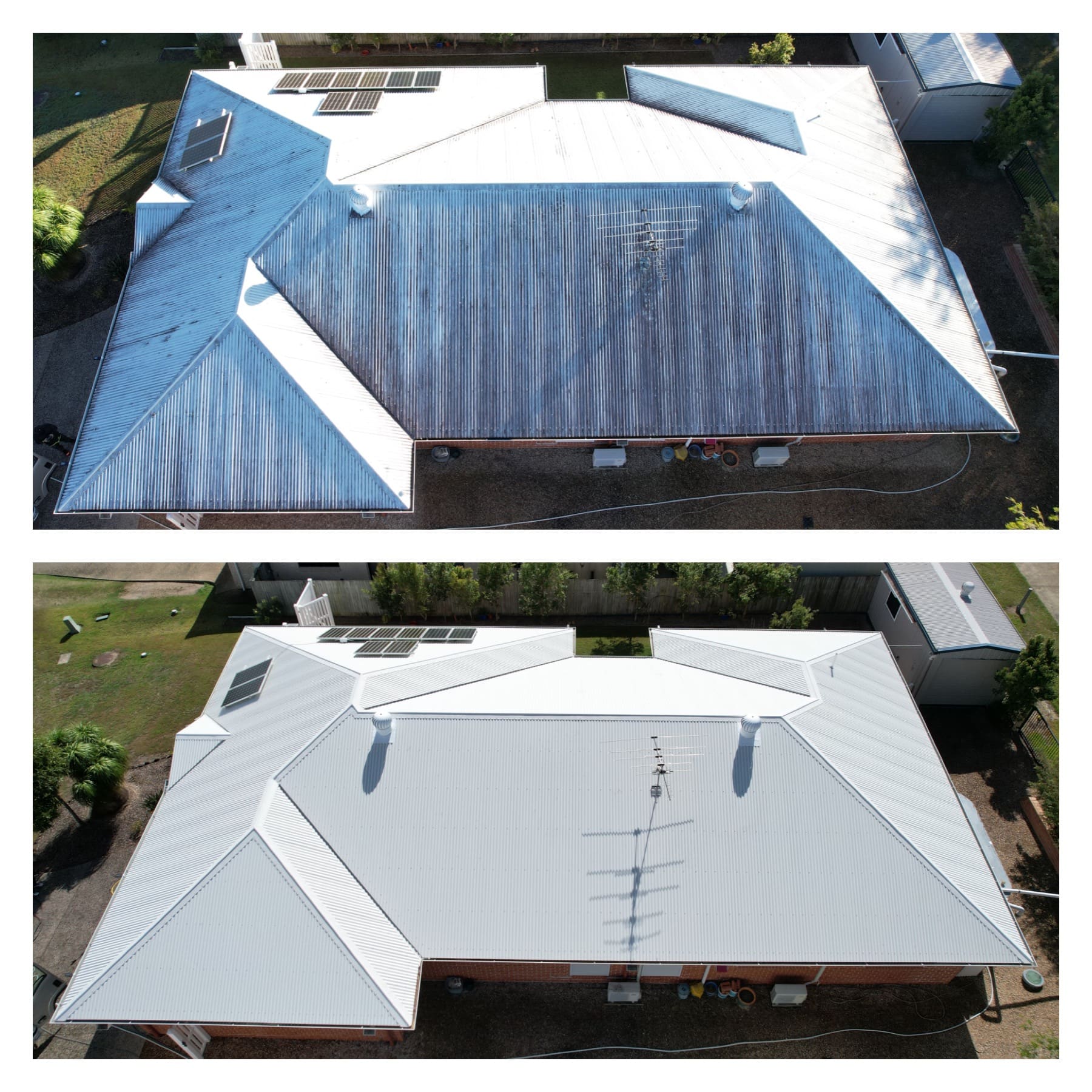 A split image shows a dirty, stained roof before and a spotless, clean roof after expert cleaning in Moreton Bay.