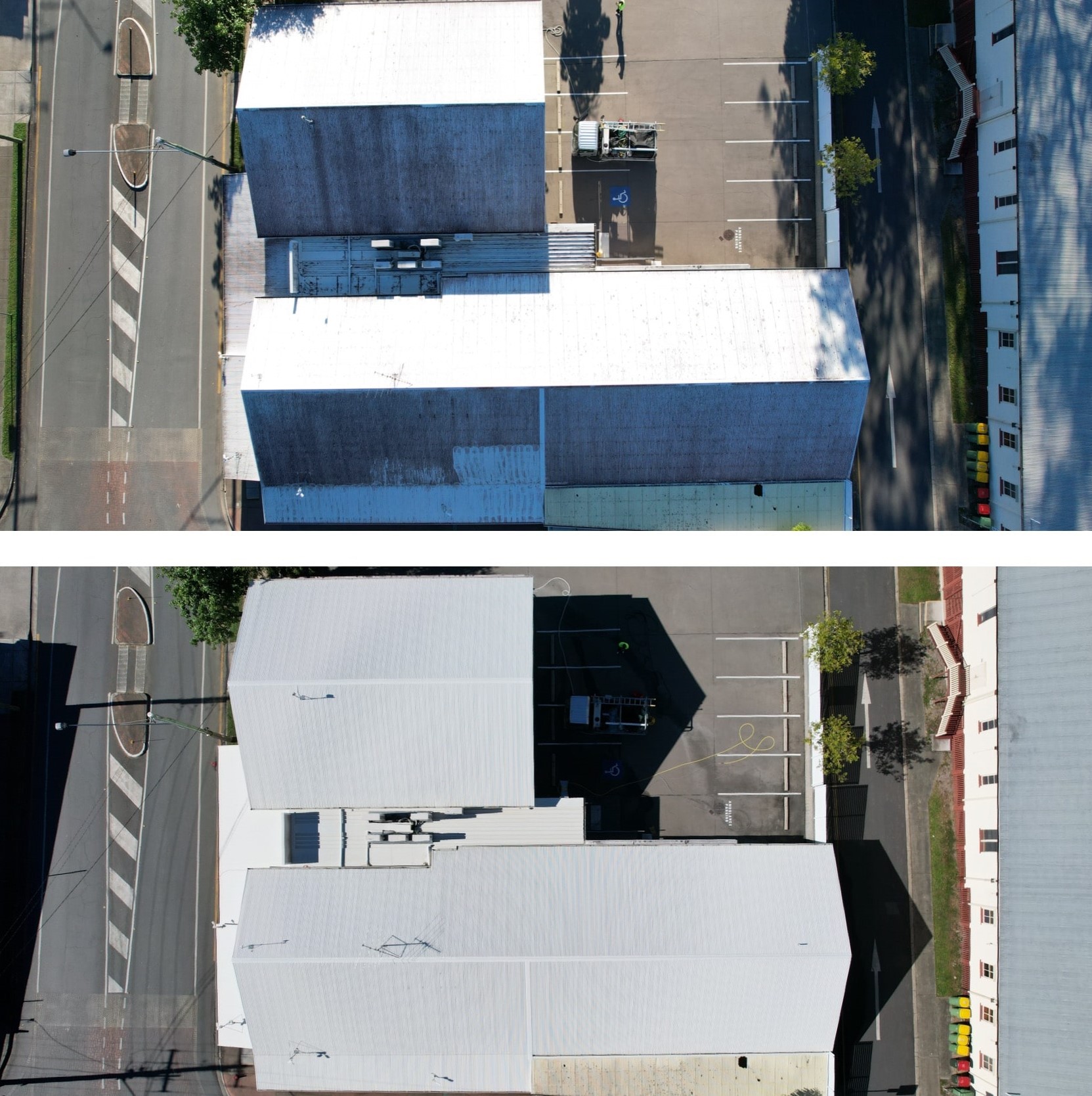 Aerial views of white-roofed buildings and parking lots in Sunshine Coast , shown before and after roof cleaning services were performed.