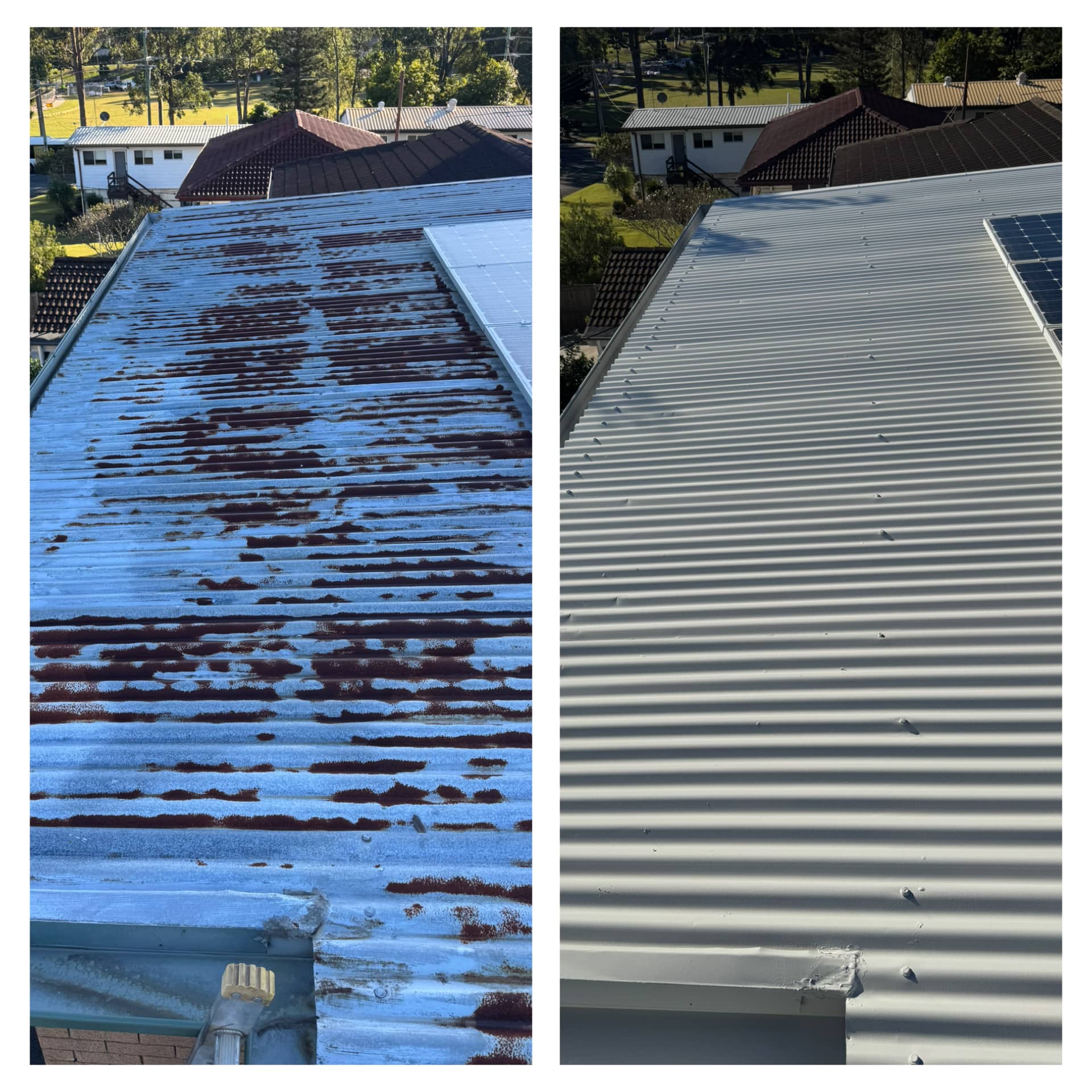 Before and after: Side-by-side of a rusted roof vs. the same roof newly painted by Roof Painting experts in Caboolture.