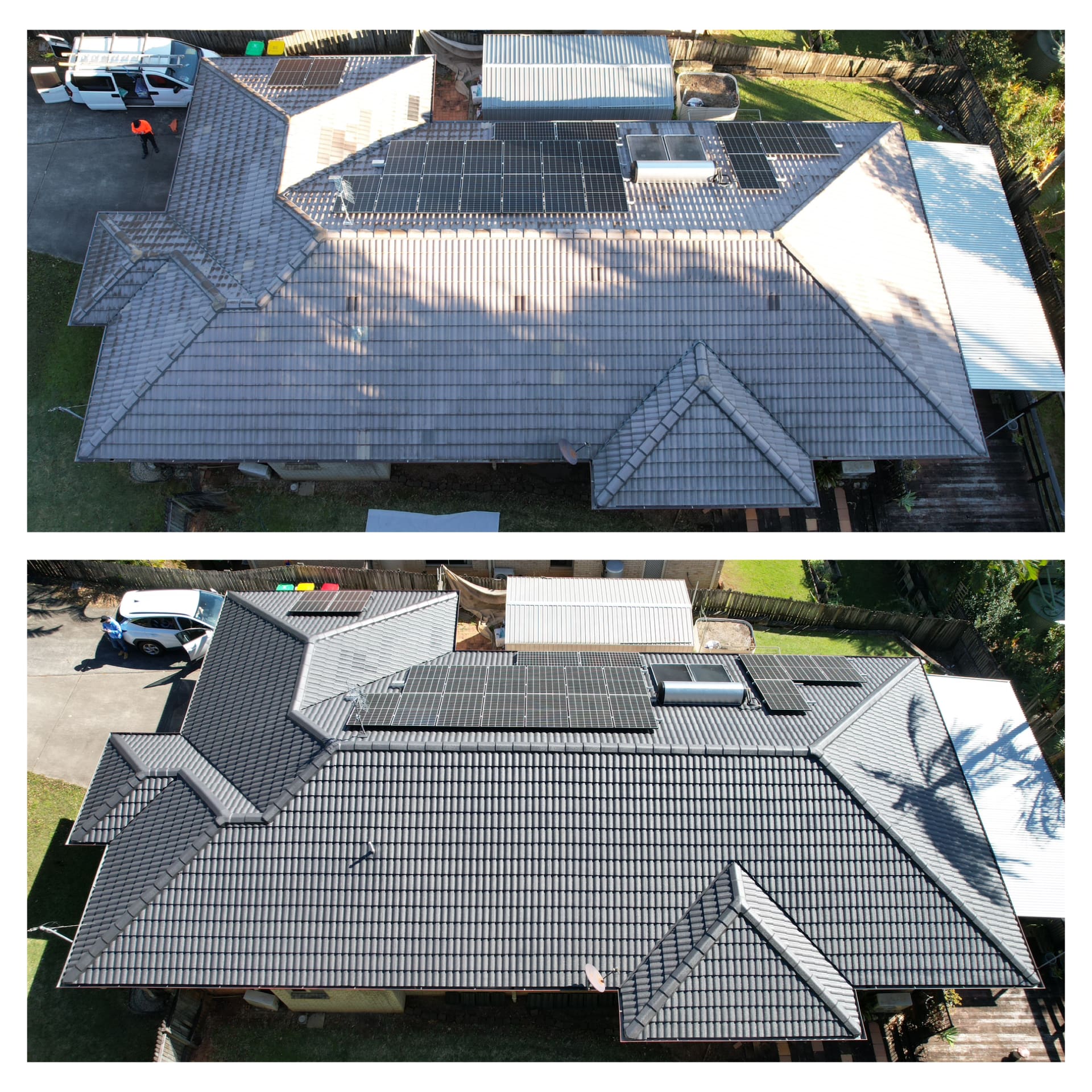 Aerial before-and-after photos showcase Roof Painting Caboolture results, with a cleaner, darker roof in Moreton Bay.