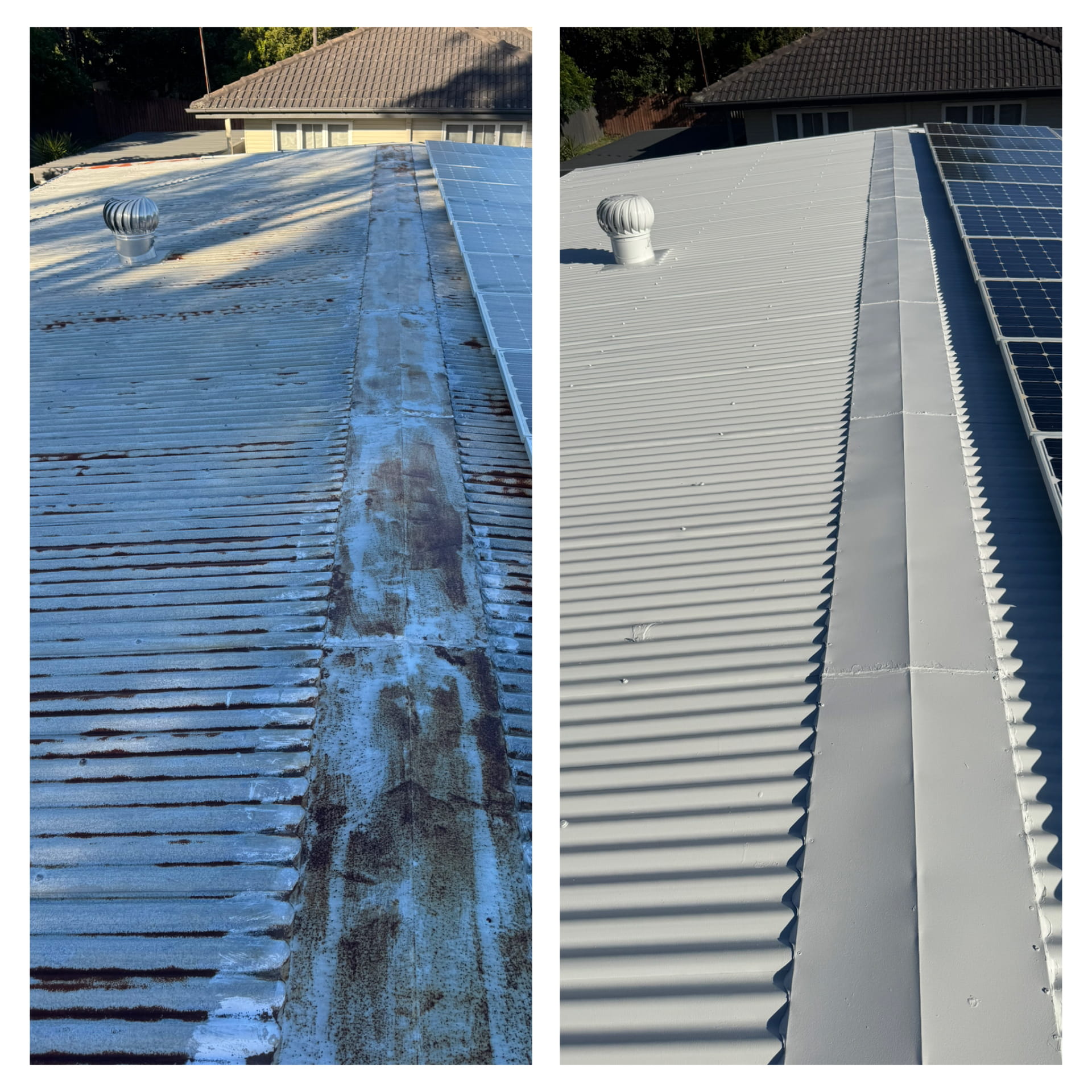 Side-by-side view of corrugated metal roof in Brisbane; left side shows rust, right is clean after Roof Painting Brisbane service.