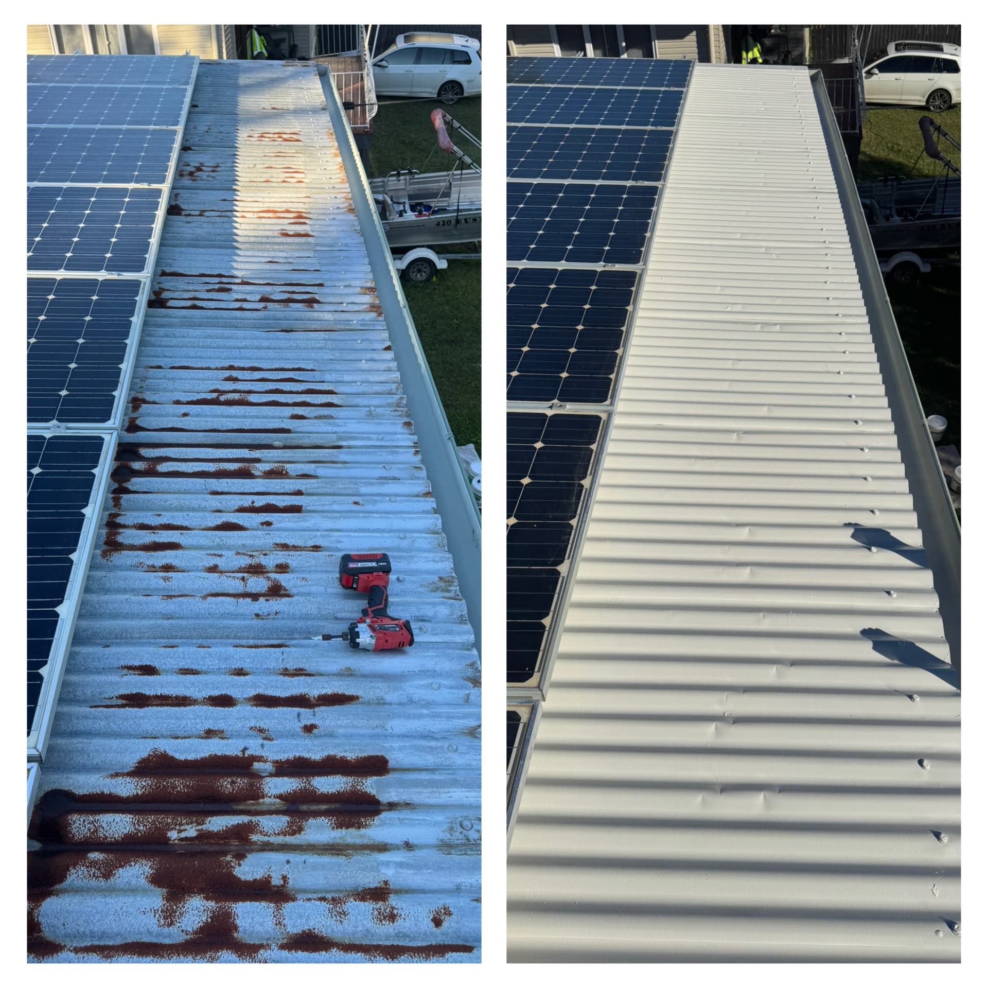 Before and after: Side-by-side comparison of a rusted metal roof pre- and post-Roof Painting services in Before and after: Side-by-side comparison of a rusted metal roof pre- and post-Roof Painting services in Sunshine Coast..