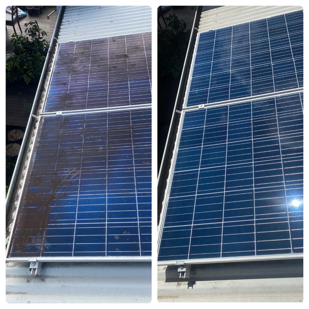 Side-by-side view of solar panels on a Moreton Bay roof showing grime buildup removed after professional Solar Panel Cleaning.