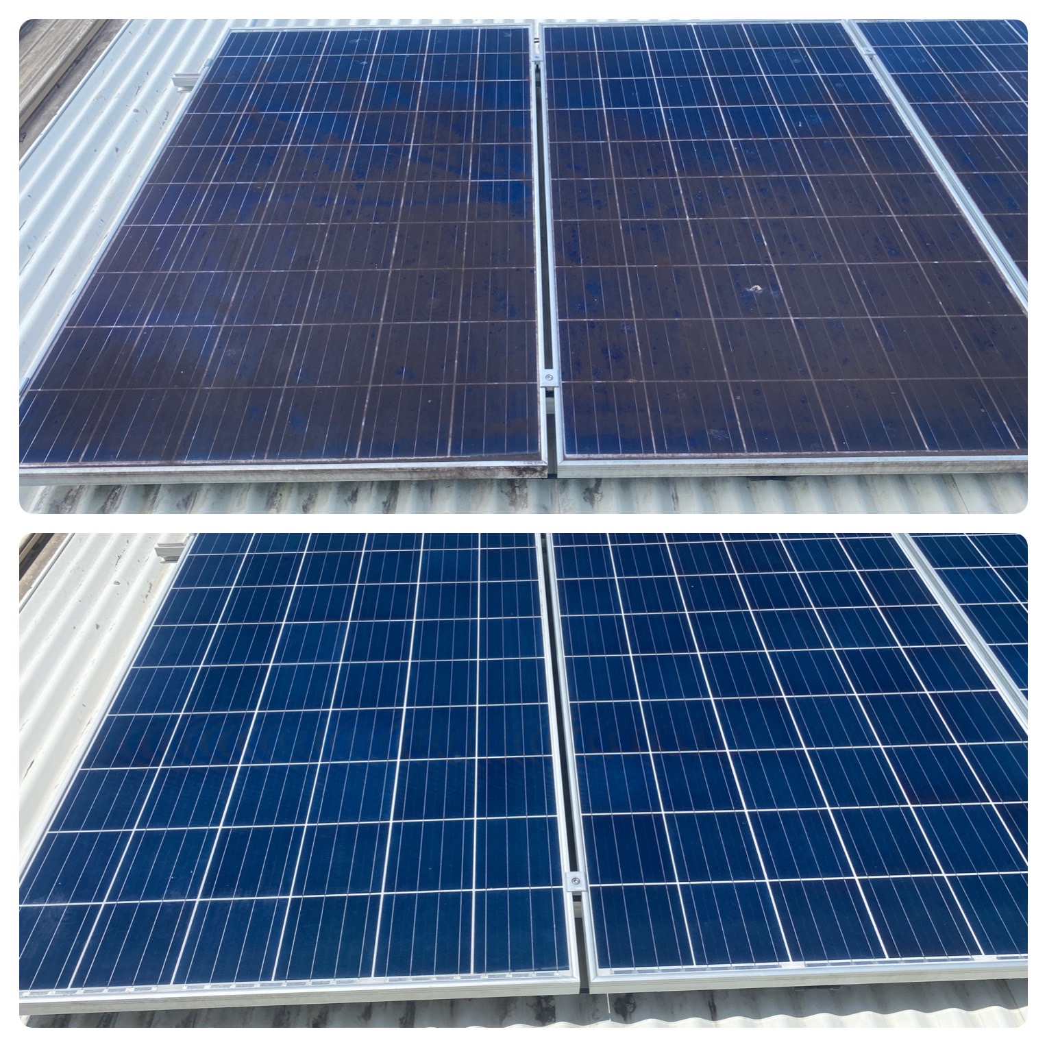 Before and after images of rooftop solar panels in Sunshine Coast, showing dirty panels cleaned and sparkling after Solar Panel Cleaning.