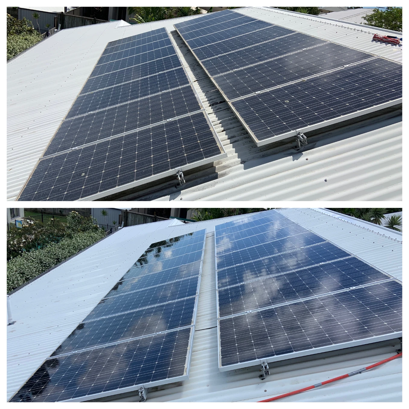 Before and after photos show two rows of solar panels on a white metal roof, displaying the effects of Solar Panel Cleaning in Sunshine Coast.