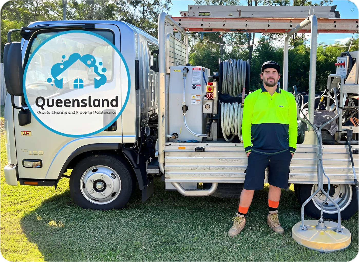 Michael, in a high-vis shirt, stands by a Albion Cleaning work truck; company logo and her name appear on the image.