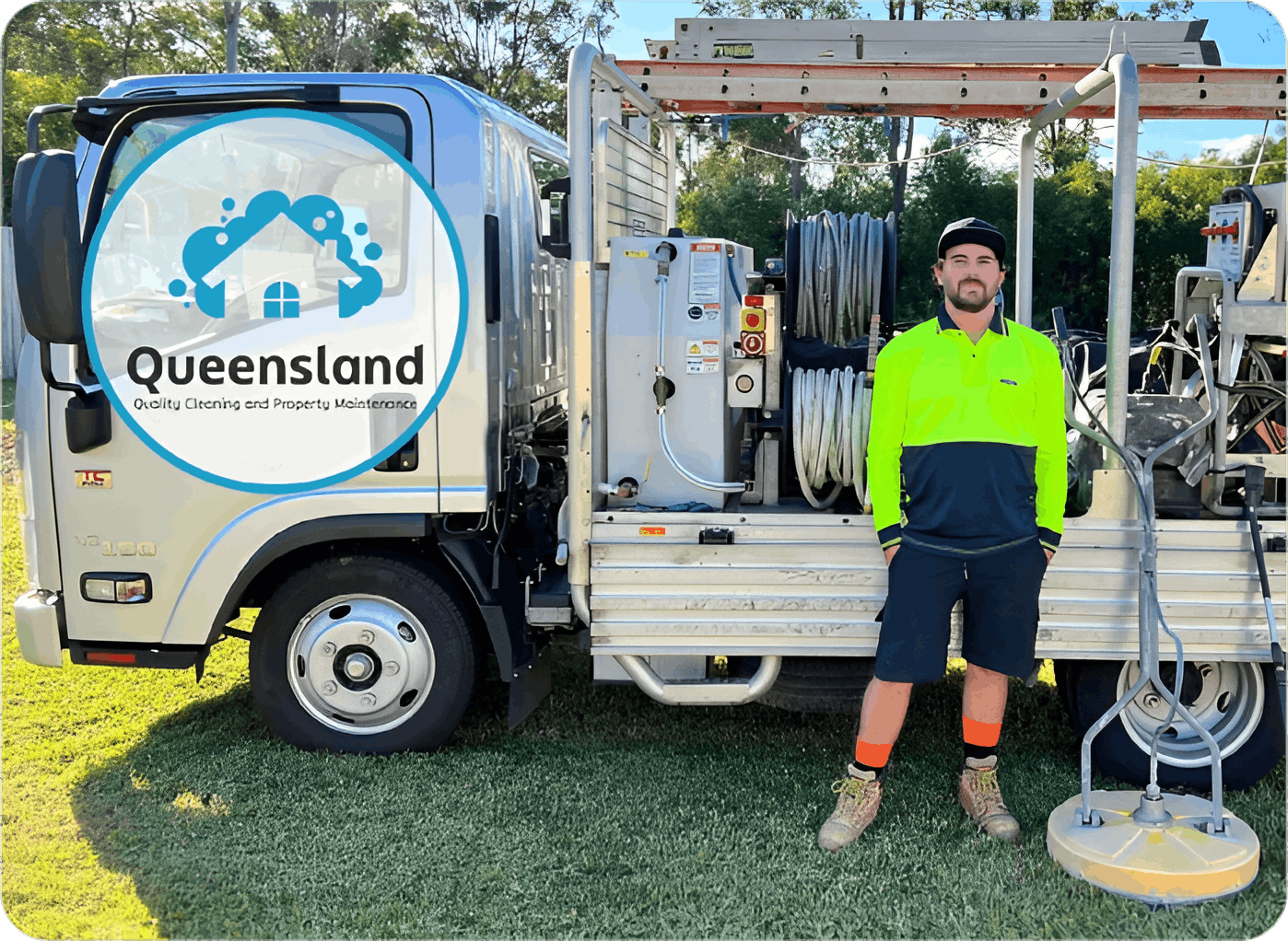 Michael, in a high-vis shirt, stands by a Brisbane Bowen Hills Cleaning work truck; company logo and her name appear on the image.