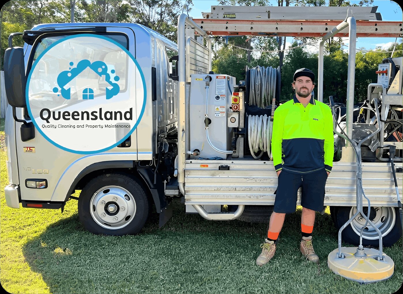 Michael, in a high-vis shirt, stands by a Brisbane Enoggera Cleaning work truck; company logo and her name appear on the image.