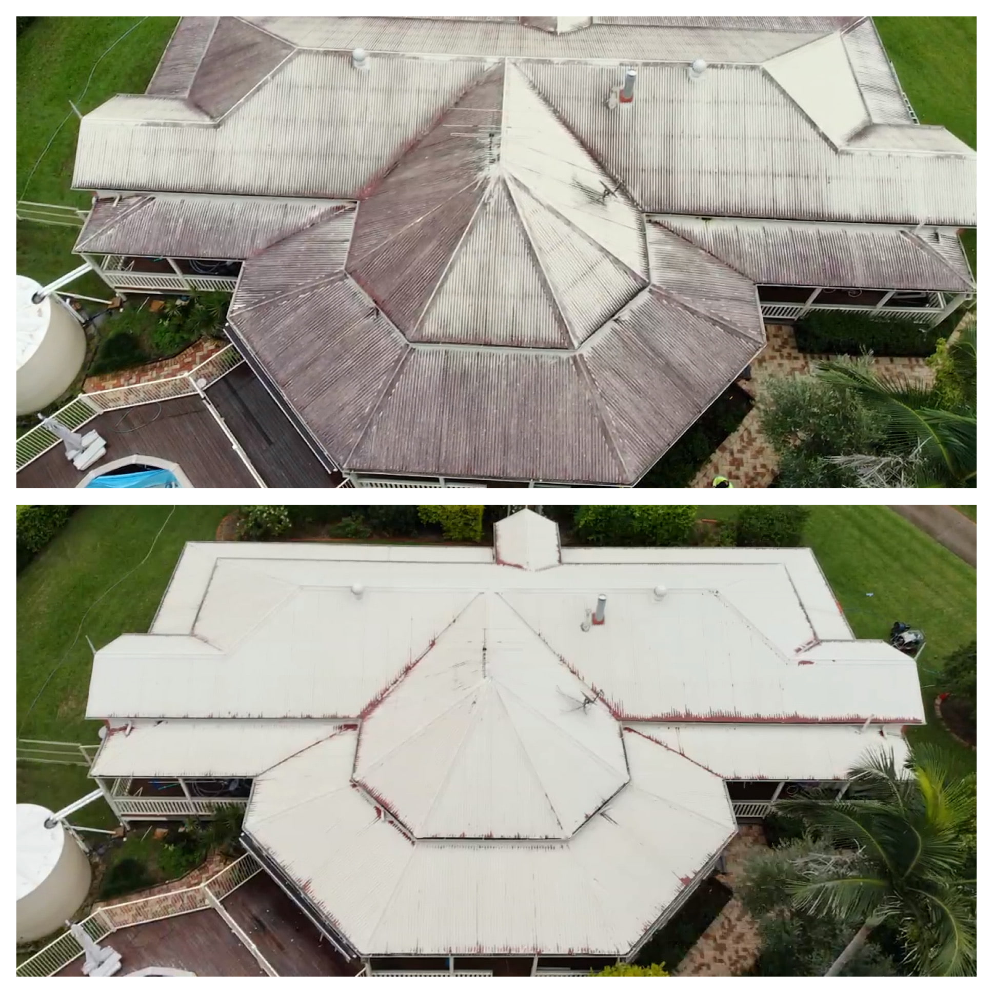 Aerial view: top shows dirty house roof; bottom, after Property Maintenance Brisbane Bowen Hills cleaning, appears bright and clean.