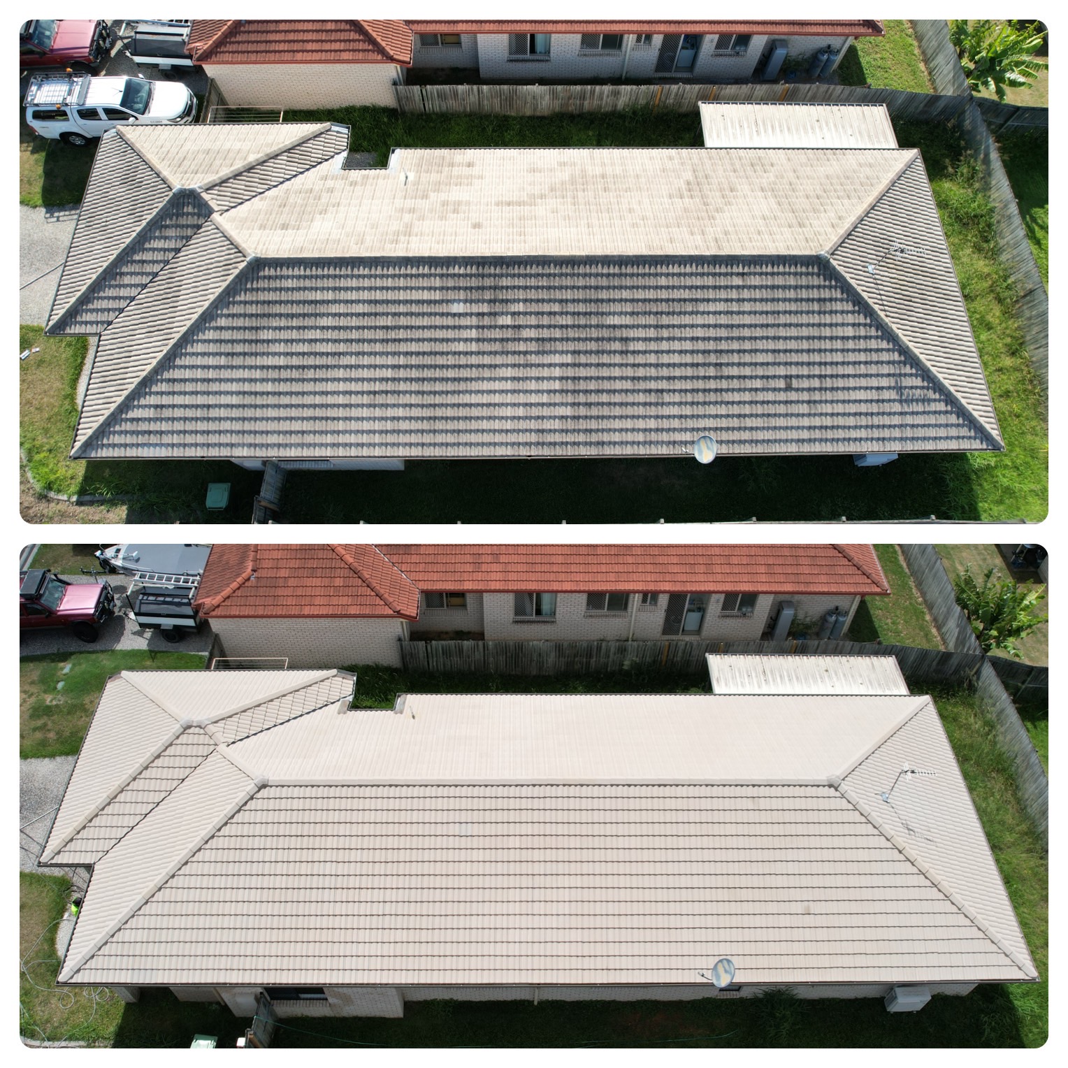 Before and after of a house roof in Brisbane Gordon Park shows the property maintenance impact—dirty vs. clean sections.