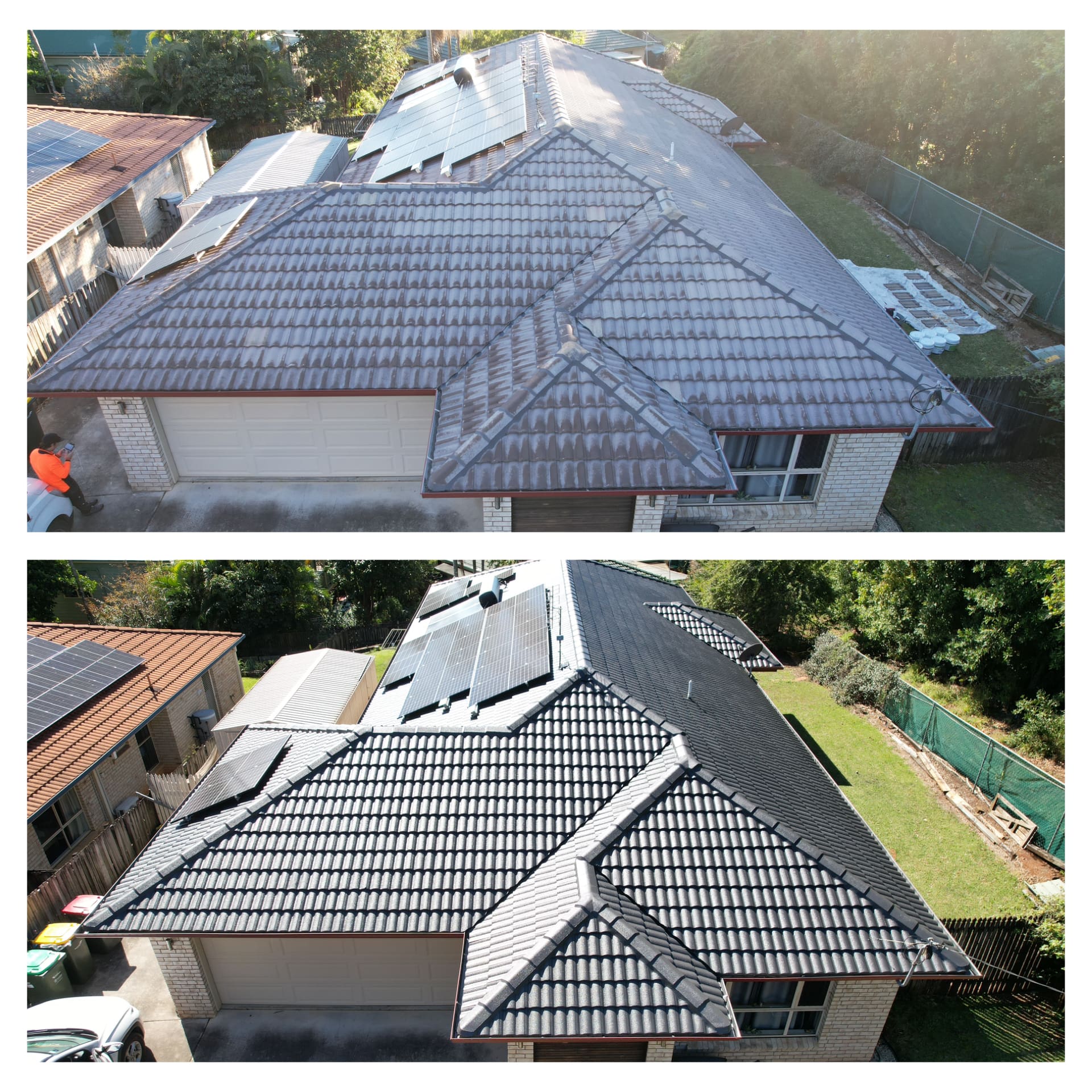 Before and after top view of Brisbane Ascot house roof; expert Property Maintenance cleans it from stained to spotless and vibrant.