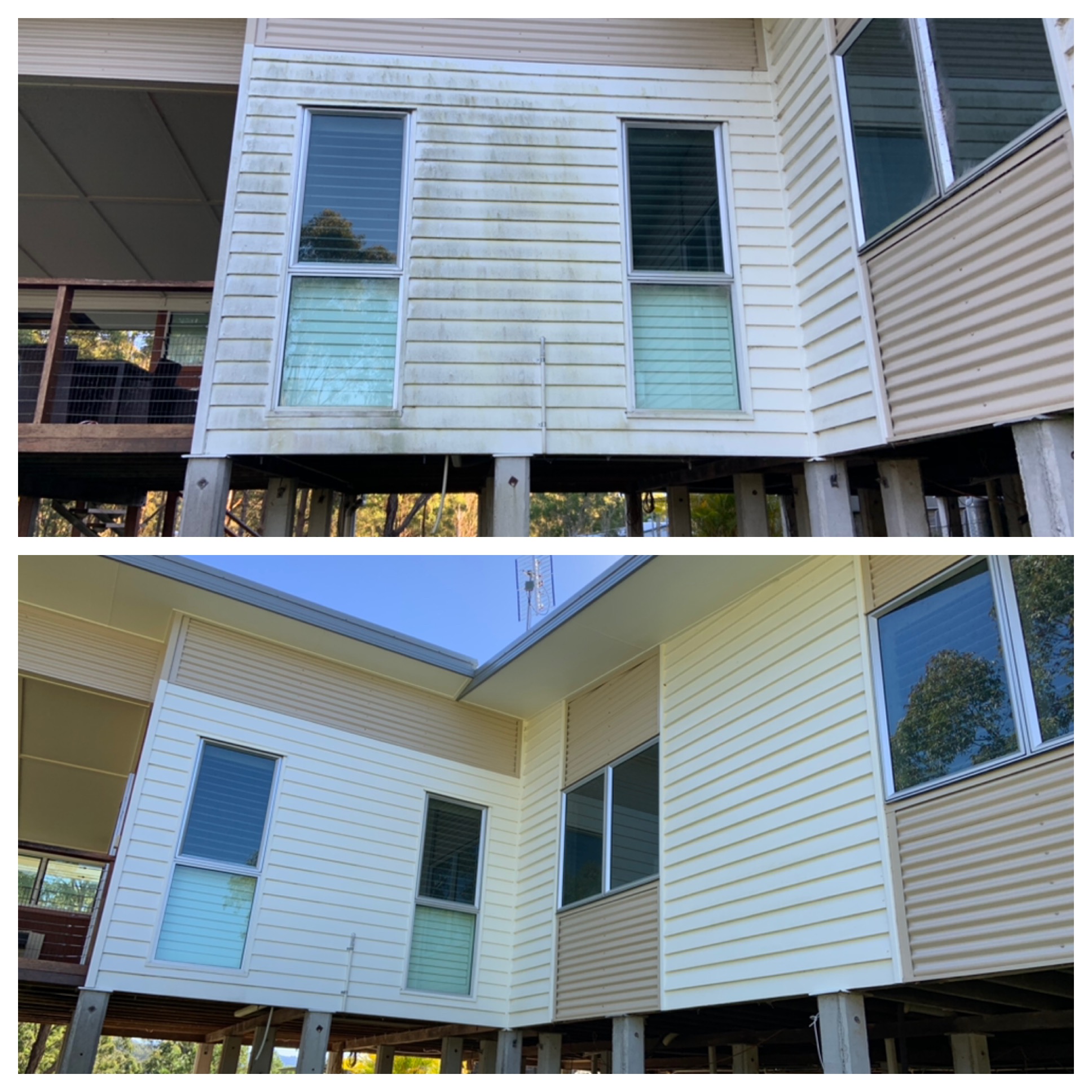 Before and after exterior wall cleaning Brisbane removing dirt and algae