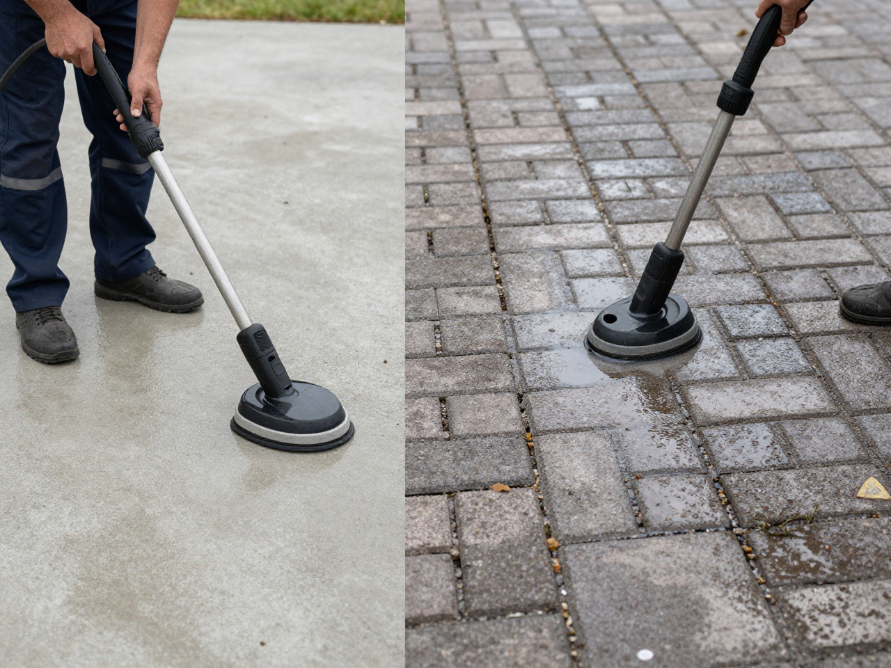 A side-by-side comparison of professional pressure cleaning on concrete vs pavers.