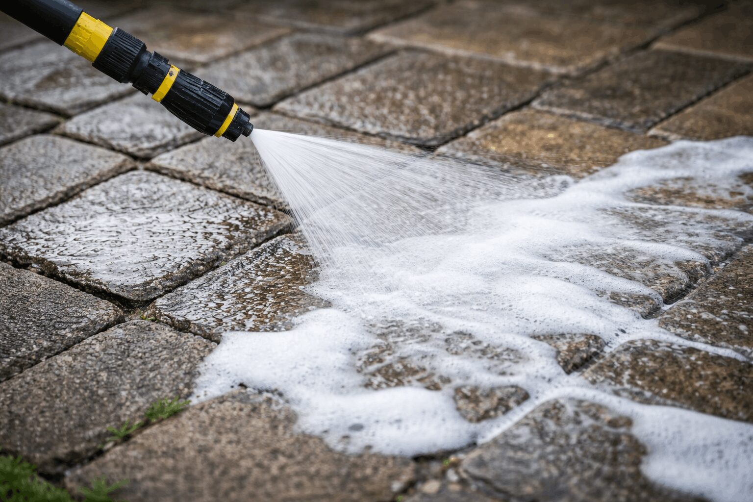 Pressure washer with water, soap, and soft washing cleans dirt from outdoor stone pavers in Brisbane Aspley.