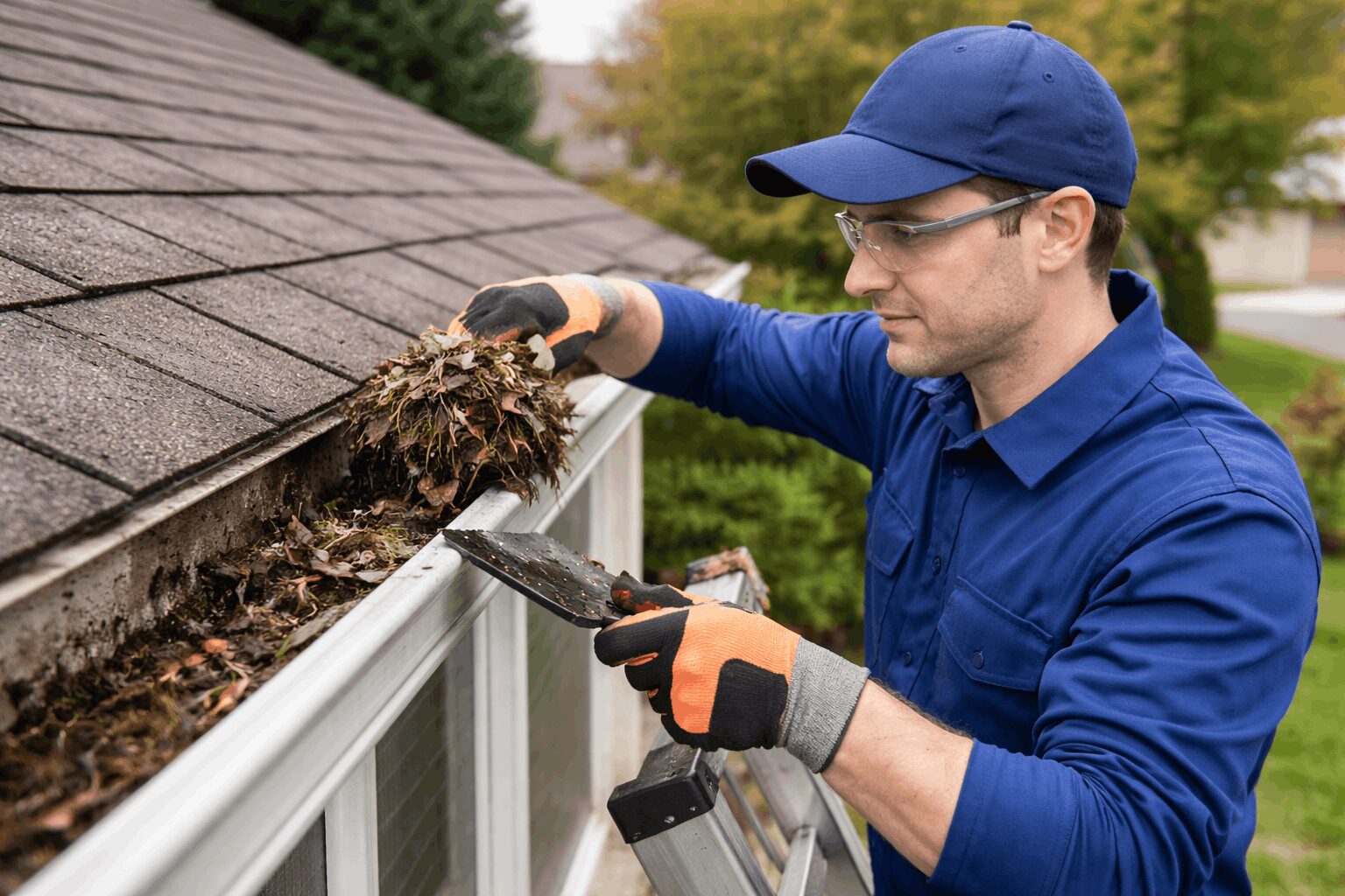 clogged gutters overflowing during heavy rain