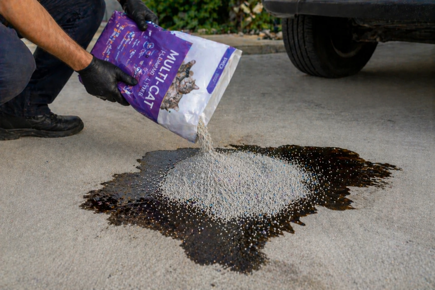 Applying kitty litter to absorb a fresh oil spill on a concrete driveway.