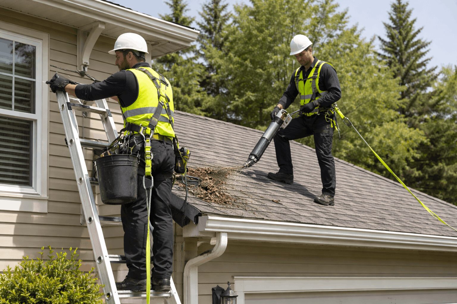 Professional cleaners using correct height-safety equipment for gutter and roof maintenance.