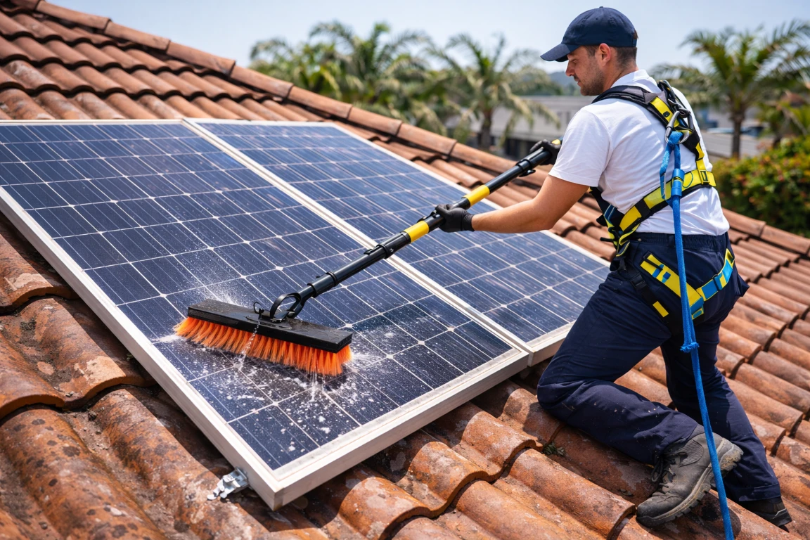 A technician using a soft-bristle brush and purified water to clean solar panels.