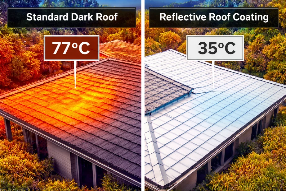 Thermal camera view comparing a standard dark roof vs a reflective roof coating in Queensland heat.