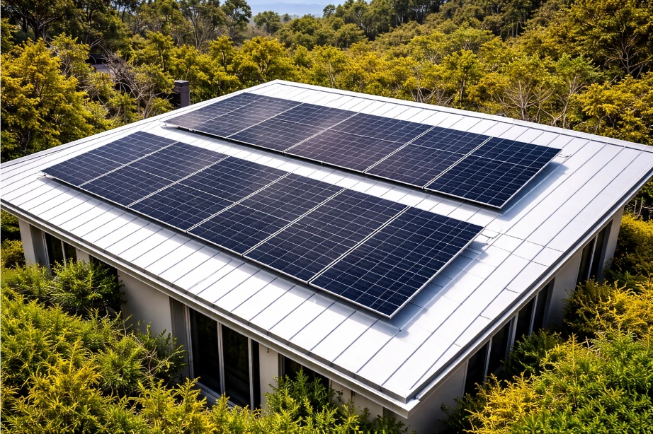 Solar panels installed on a white reflective roof to maximize energy efficiency and cooling.