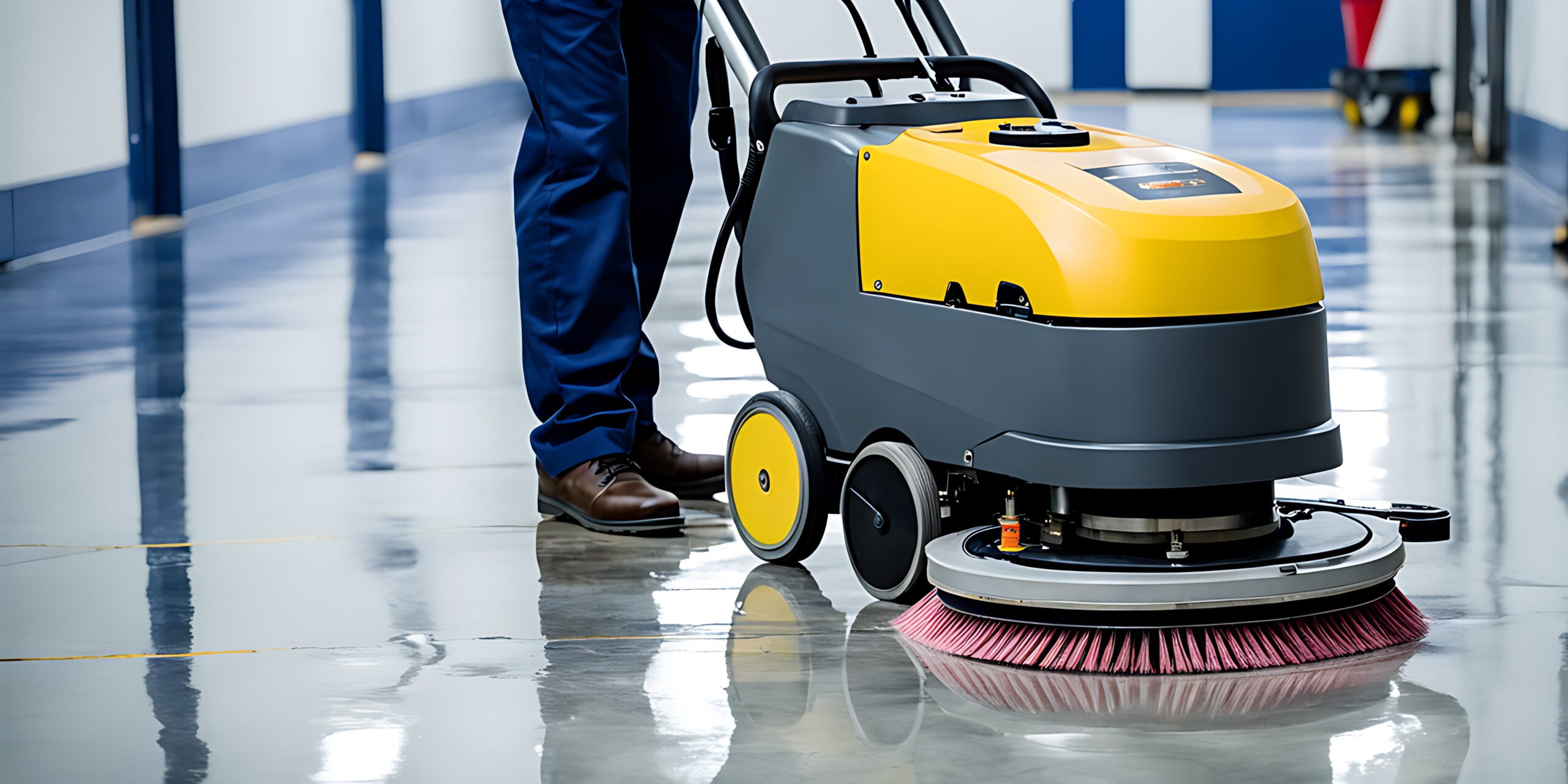 A professional ride-on floor scrubber cleaning a large concrete warehouse floor in Brisbane.